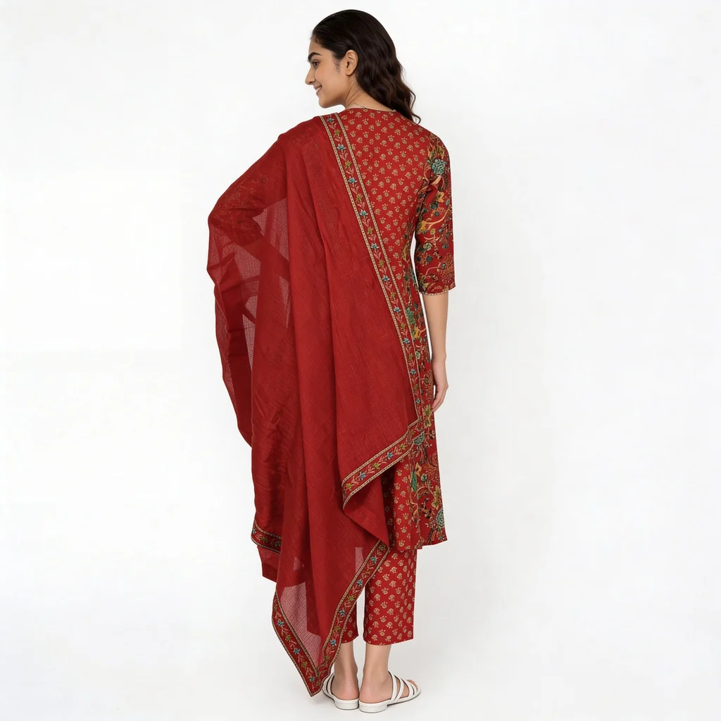 Printed Cotton V-Neck Kurta with Pant & Dupatta Set - Image 3