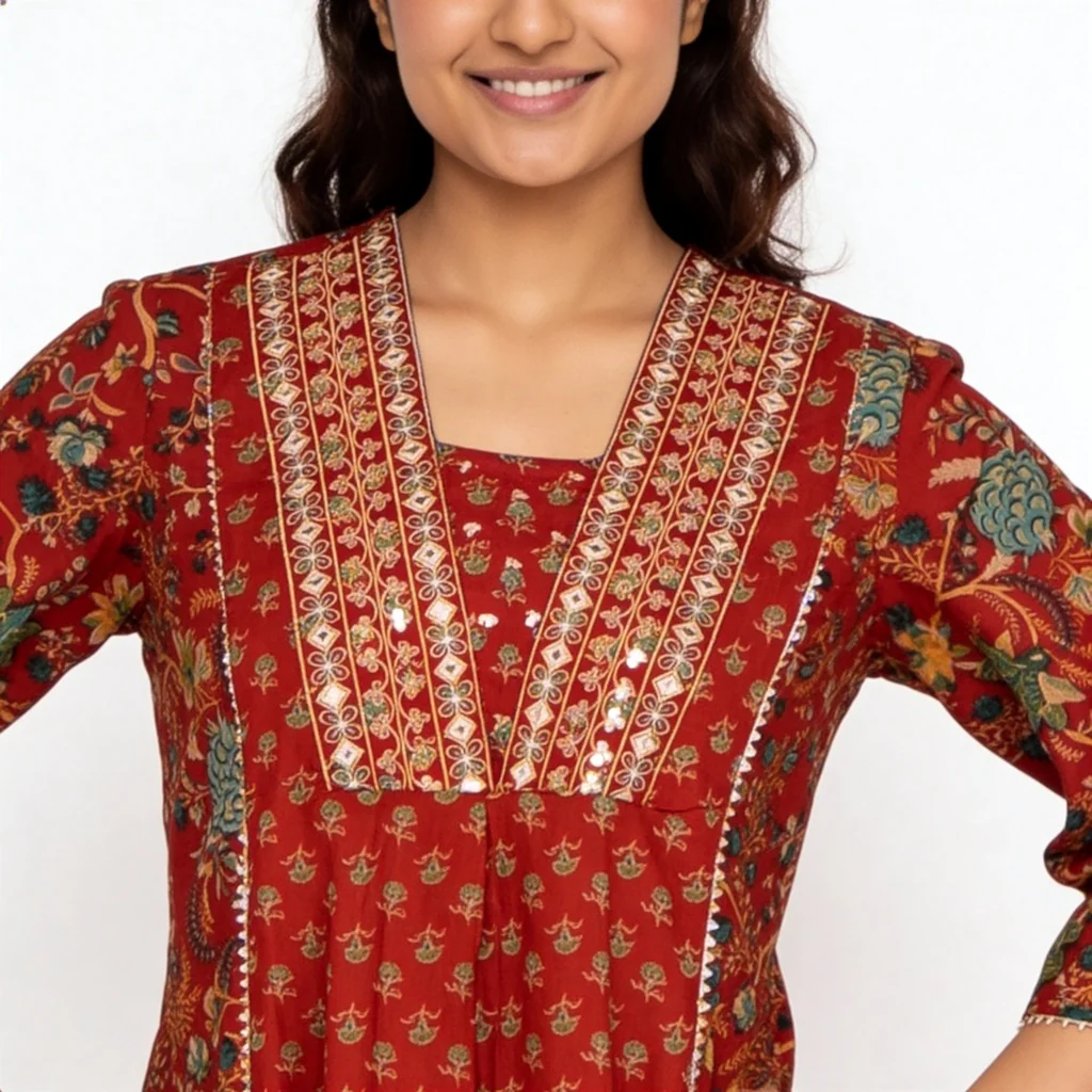 Printed Cotton V-Neck Kurta with Pant & Dupatta Set - Image 4