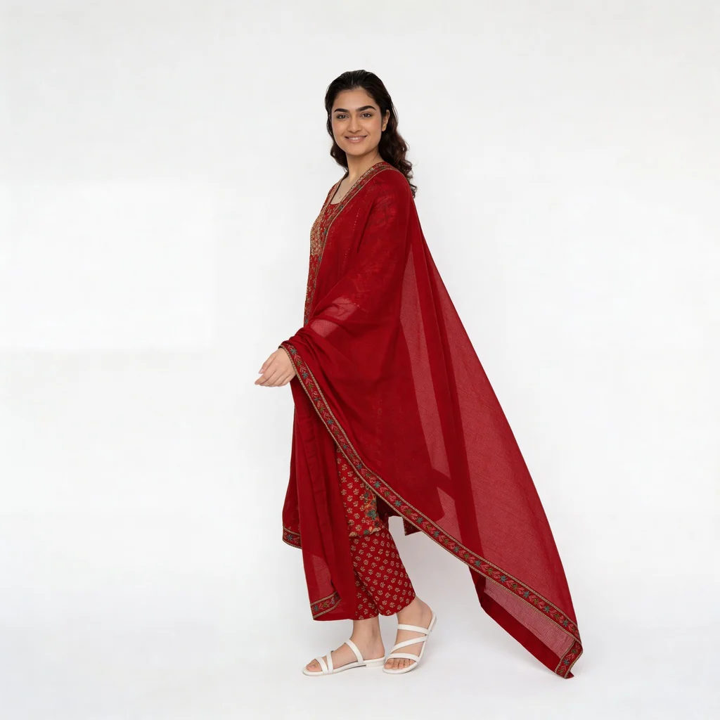 Printed Cotton V-Neck Kurta with Pant & Dupatta Set - Image 5
