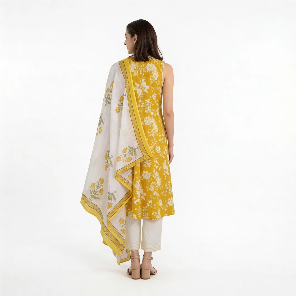 Printed Cotton V-Neck Kurta with Pant & Dupatta Set - Image 3