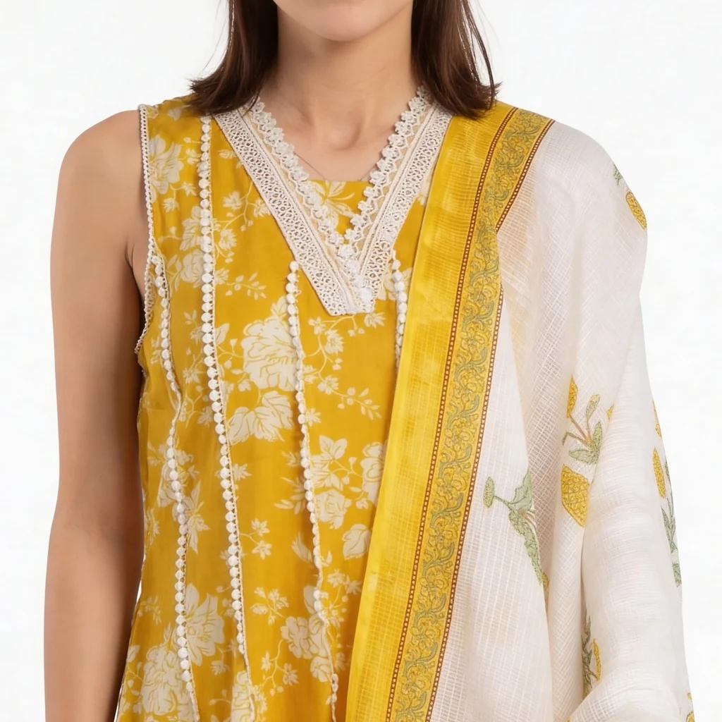 Printed Cotton V-Neck Kurta with Pant & Dupatta Set - Image 4