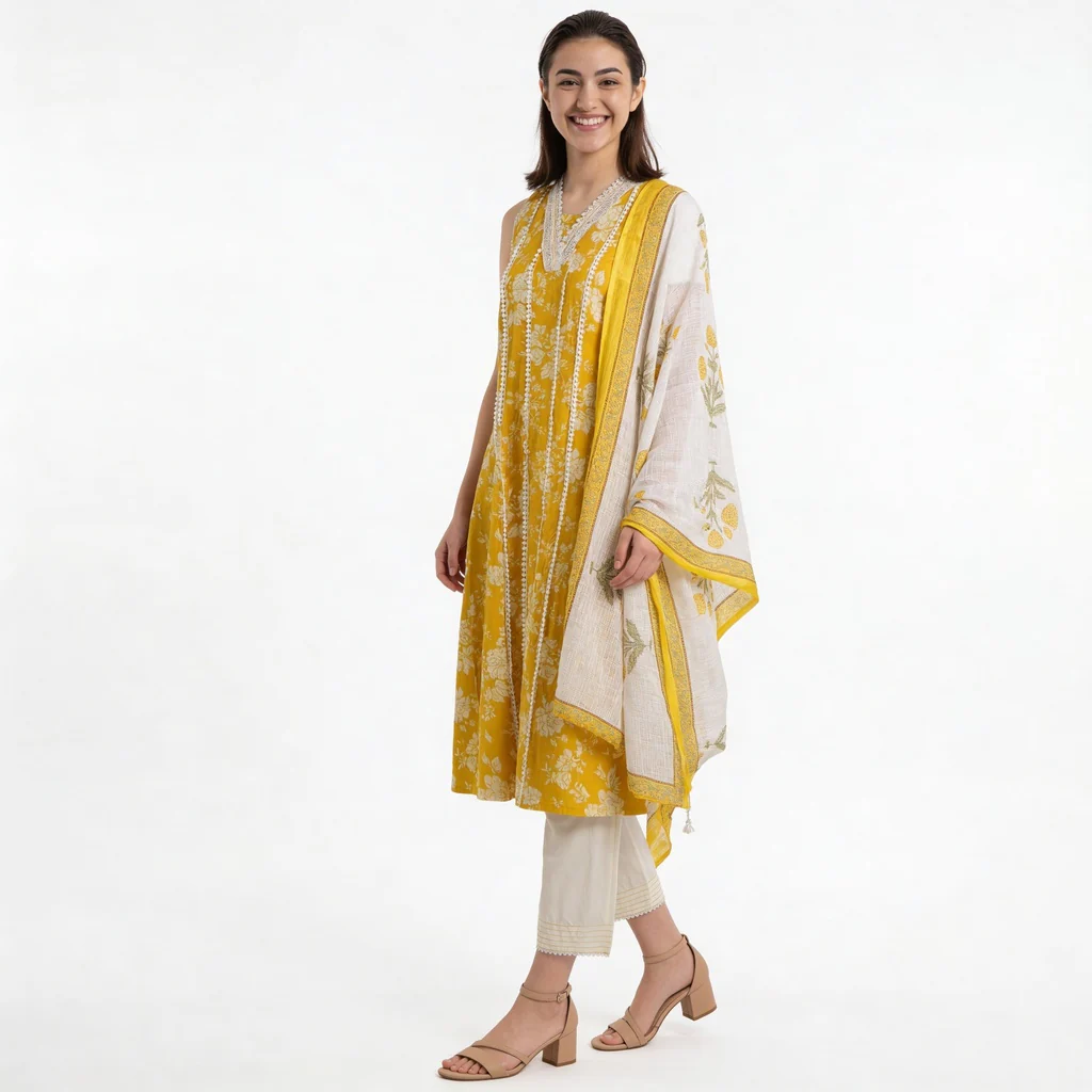 Printed Cotton V-Neck Kurta with Pant & Dupatta Set - Image 5