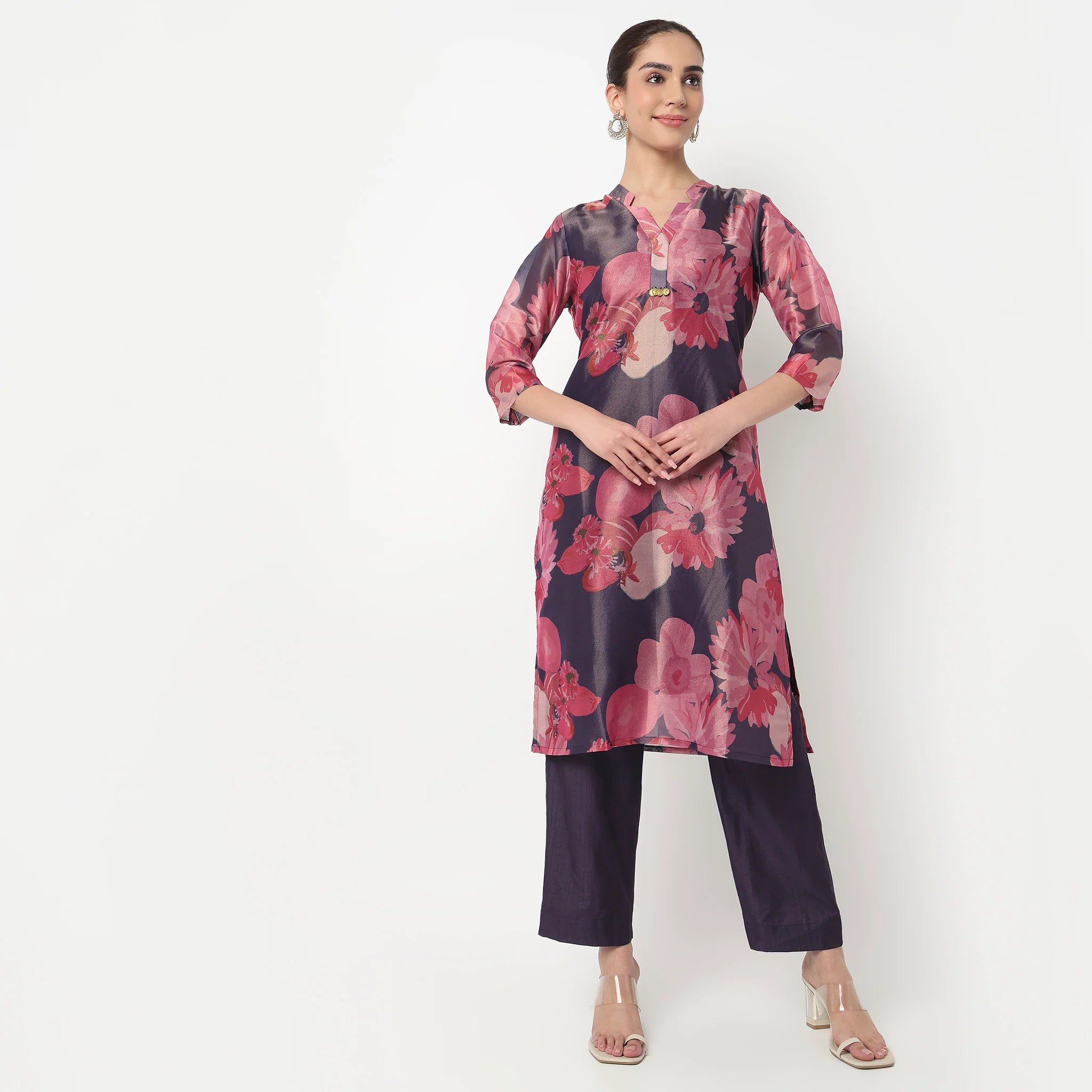 Printed Crew Neck A-Line Kurta with Pant Set - Image 2