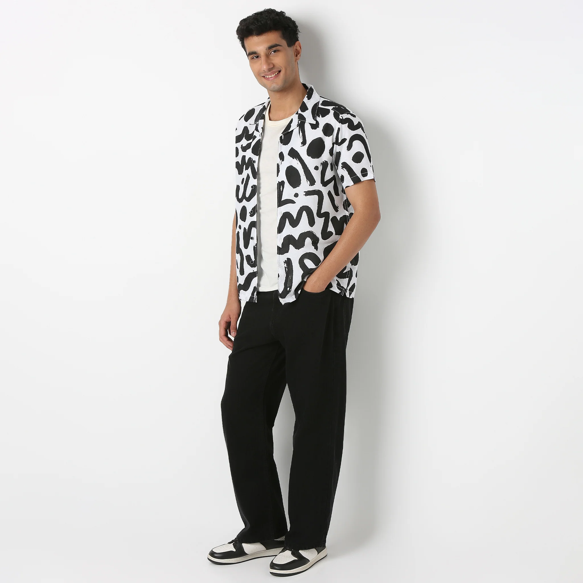 Lininᵉˣ - Linen Enriched Fine Natural Blend Shirts Printed Half Sleeve Camp Collar