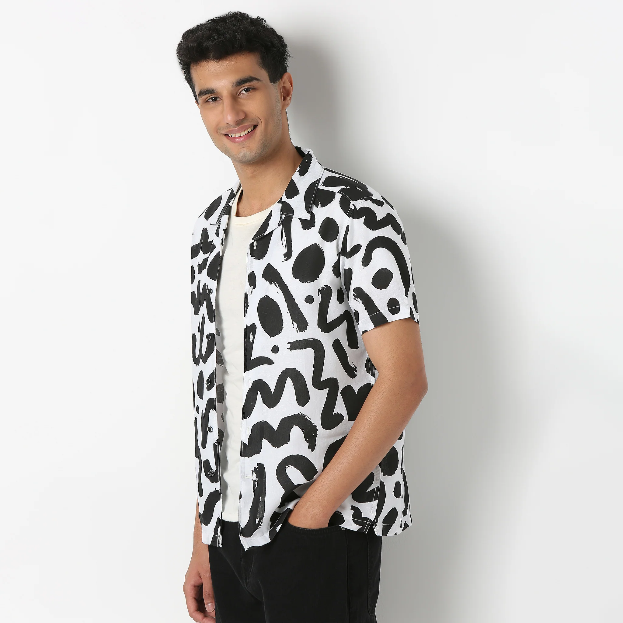 Lininᵉˣ - Linen Enriched Fine Natural Blend Shirts Printed Half Sleeve Camp Collar - Image 2