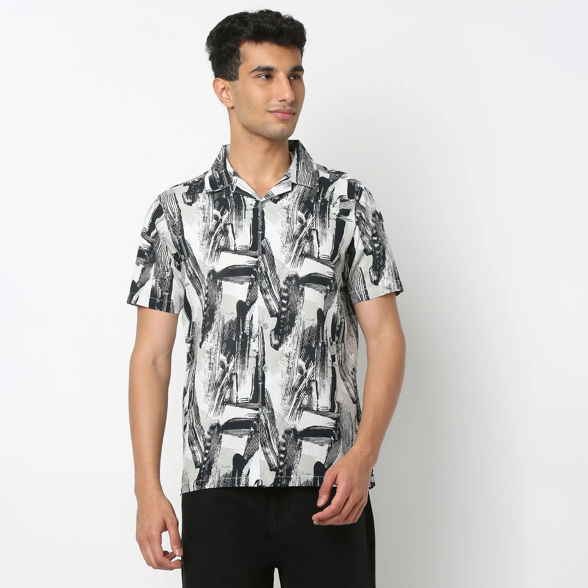 Lininᵉˣ - Linen Enriched Fine Natural Blend Shirts Printed Half Sleeve Camp Collar - Image 3