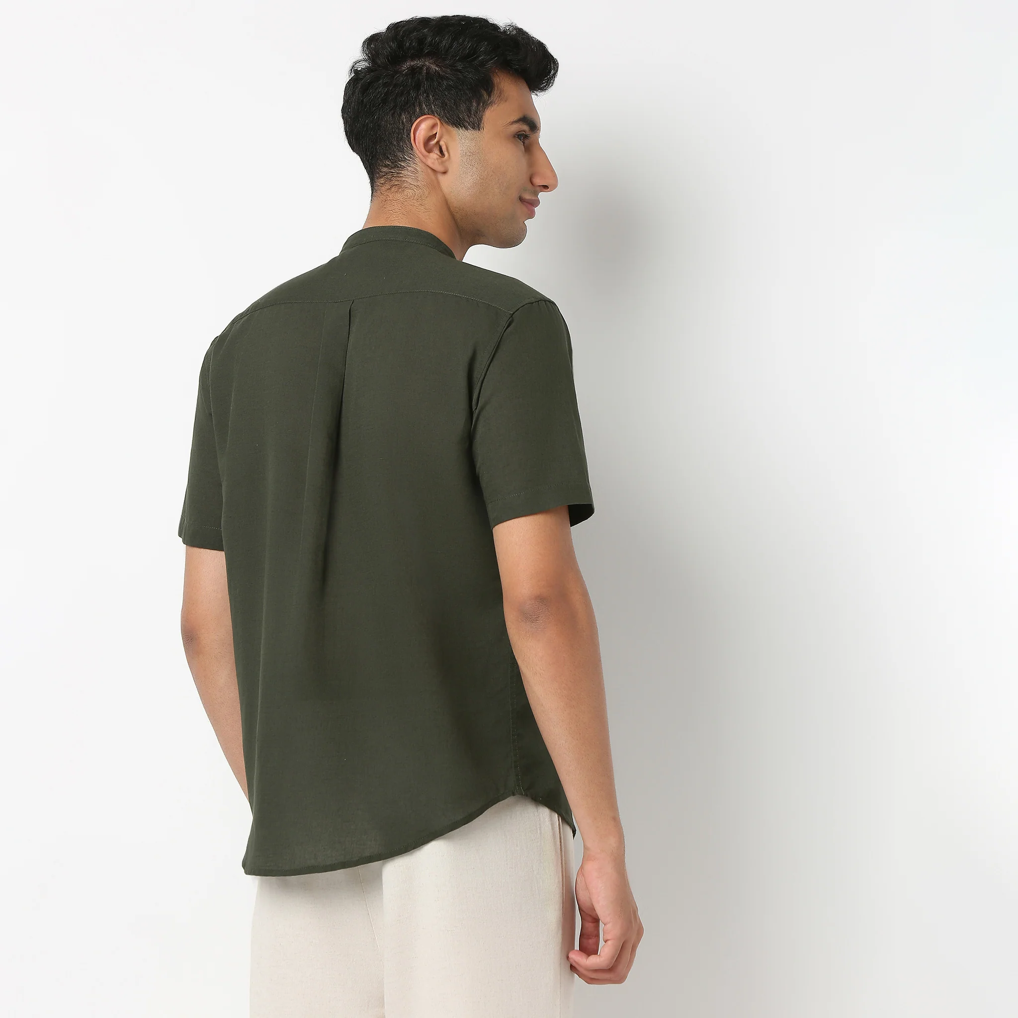 Lininᵉˣ - Linen Enriched Fine Natural Blend Shirt Half Sleeve Band Collar - Image 13