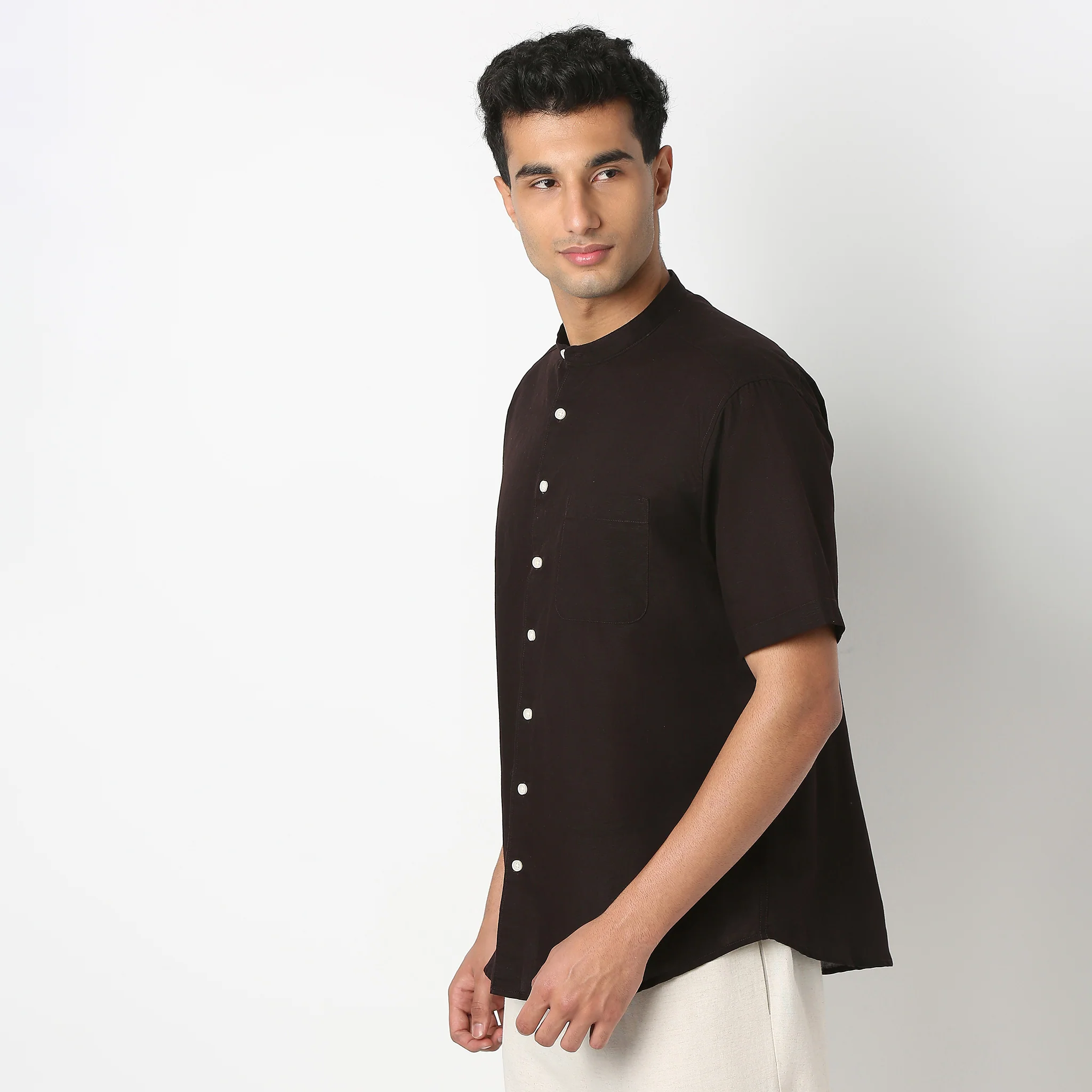 Lininᵉˣ - Linen Enriched Fine Natural Blend Shirt Half Sleeve Band Collar - Image 2