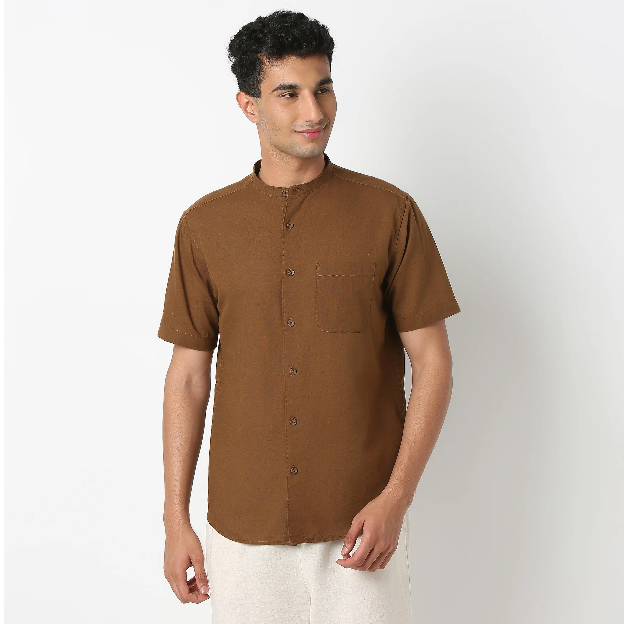 Lininᵉˣ - Linen Enriched Fine Natural Blend Shirt Half Sleeve Band Collar - Image 22
