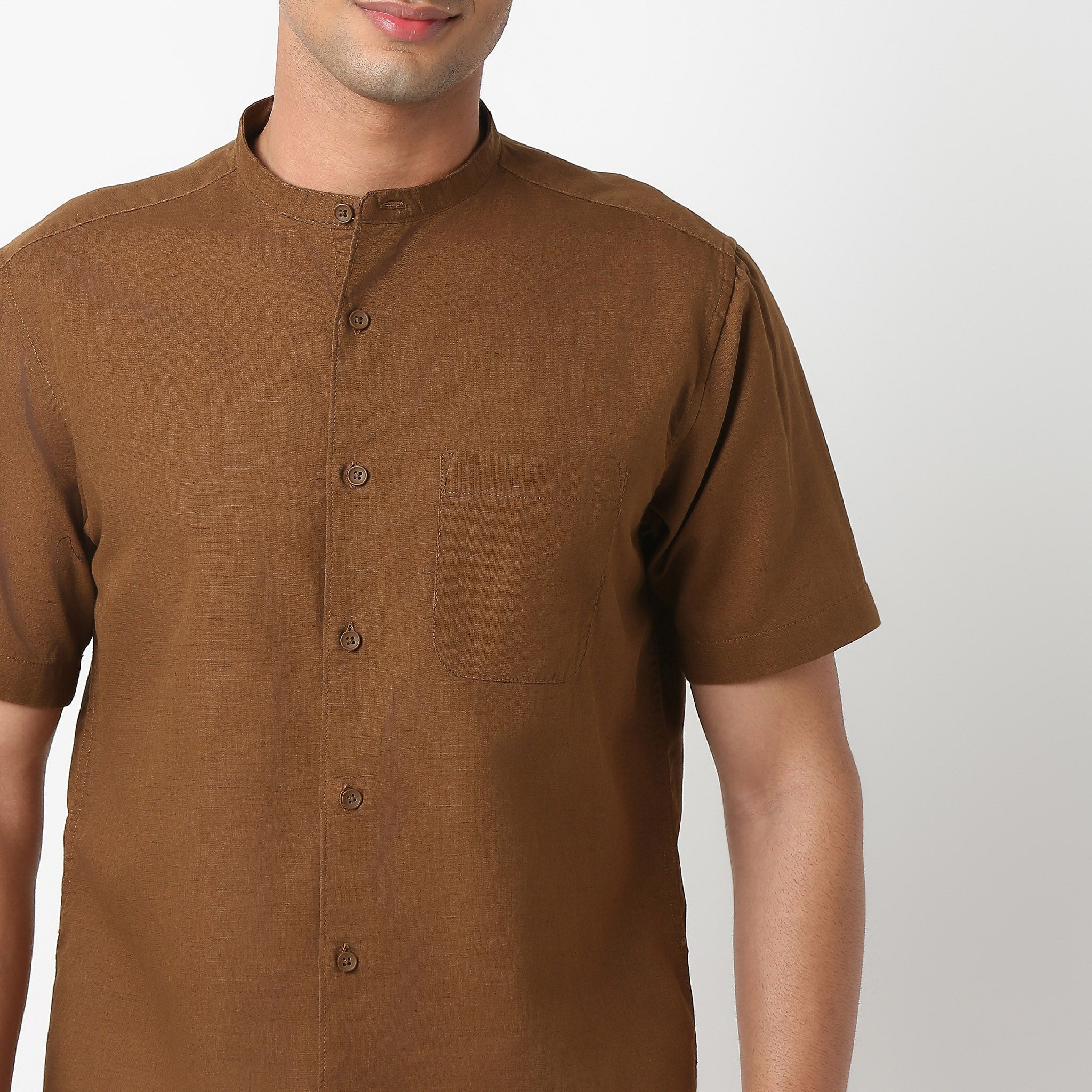 Lininᵉˣ - Linen Enriched Fine Natural Blend Shirt Half Sleeve Band Collar - Image 25