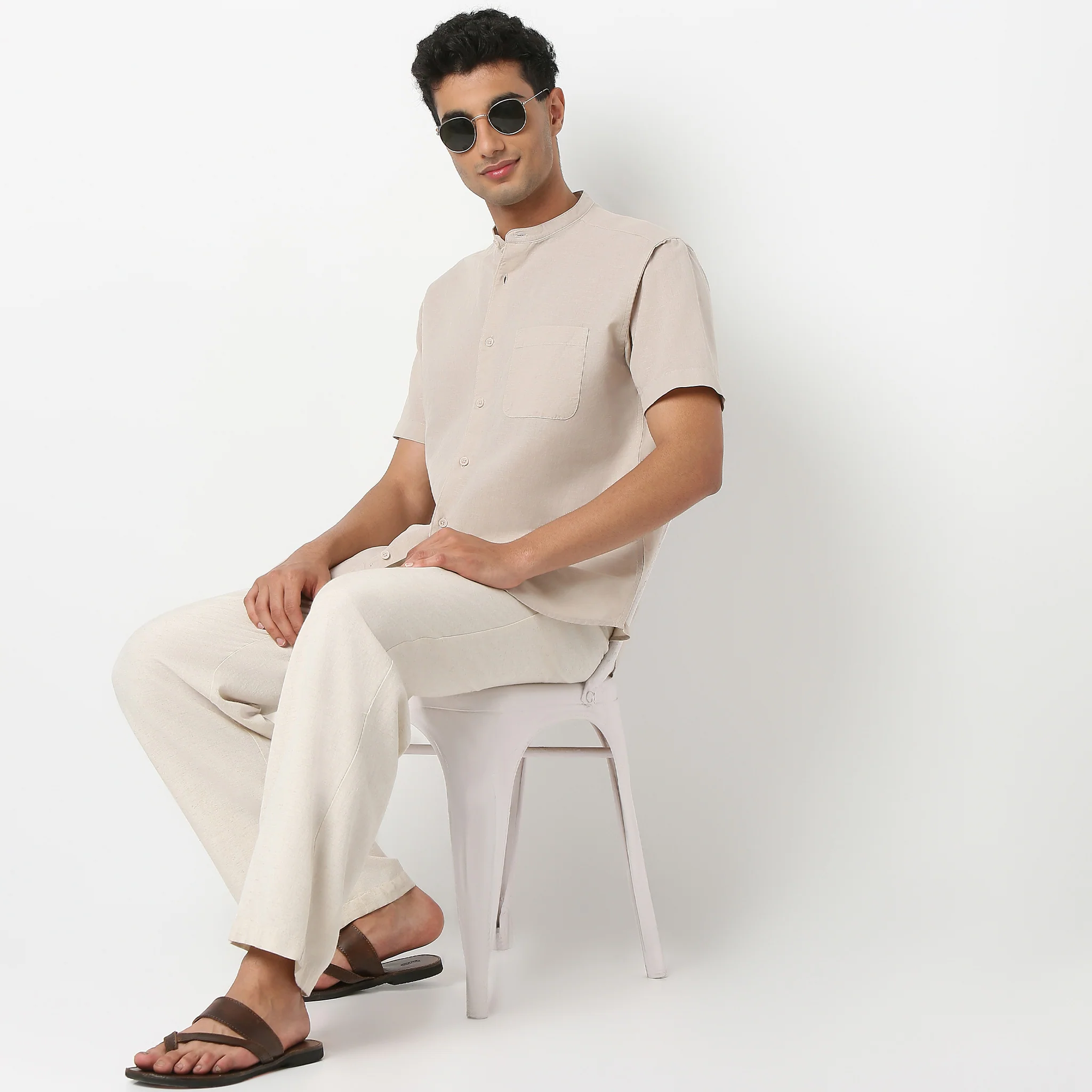 Lininᵉˣ - Linen Enriched Fine Natural Blend Shirt Half Sleeve Band Collar - Image 26