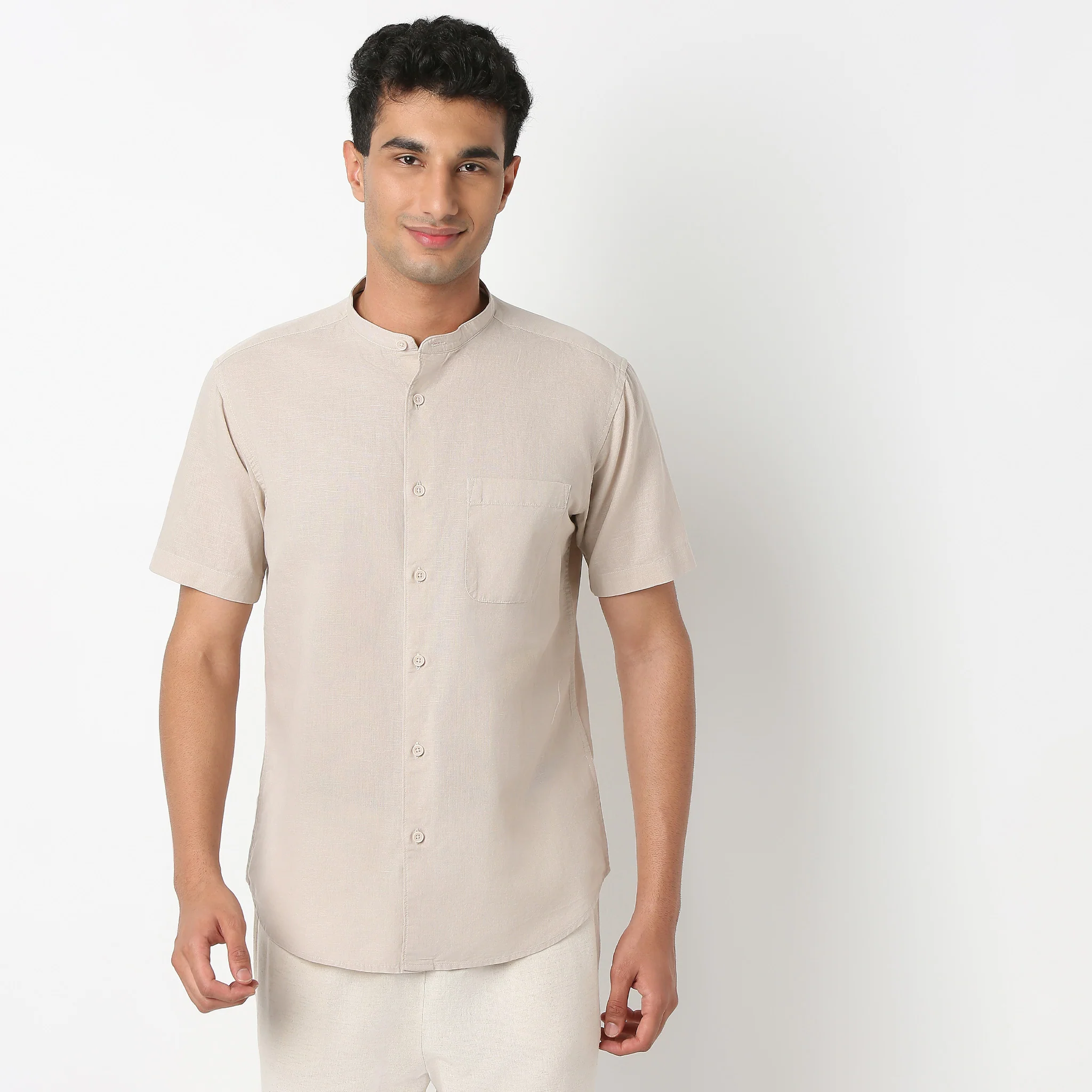 Lininᵉˣ - Linen Enriched Fine Natural Blend Shirt Half Sleeve Band Collar - Image 27