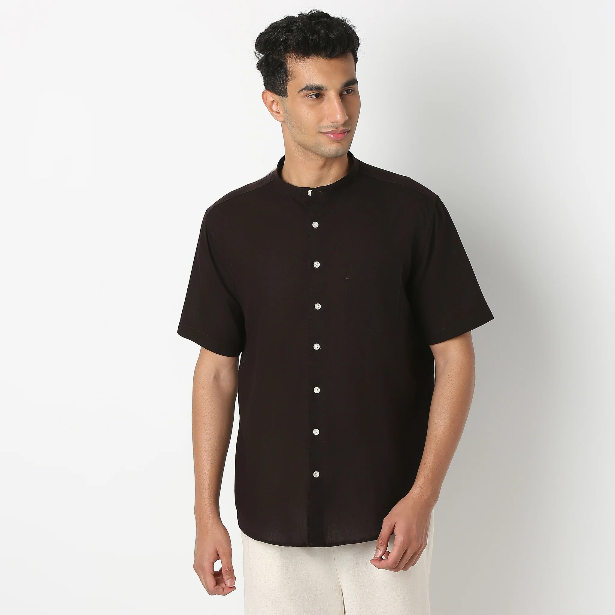 Lininᵉˣ - Linen Enriched Fine Natural Blend Shirt Half Sleeve Band Collar - Image 3