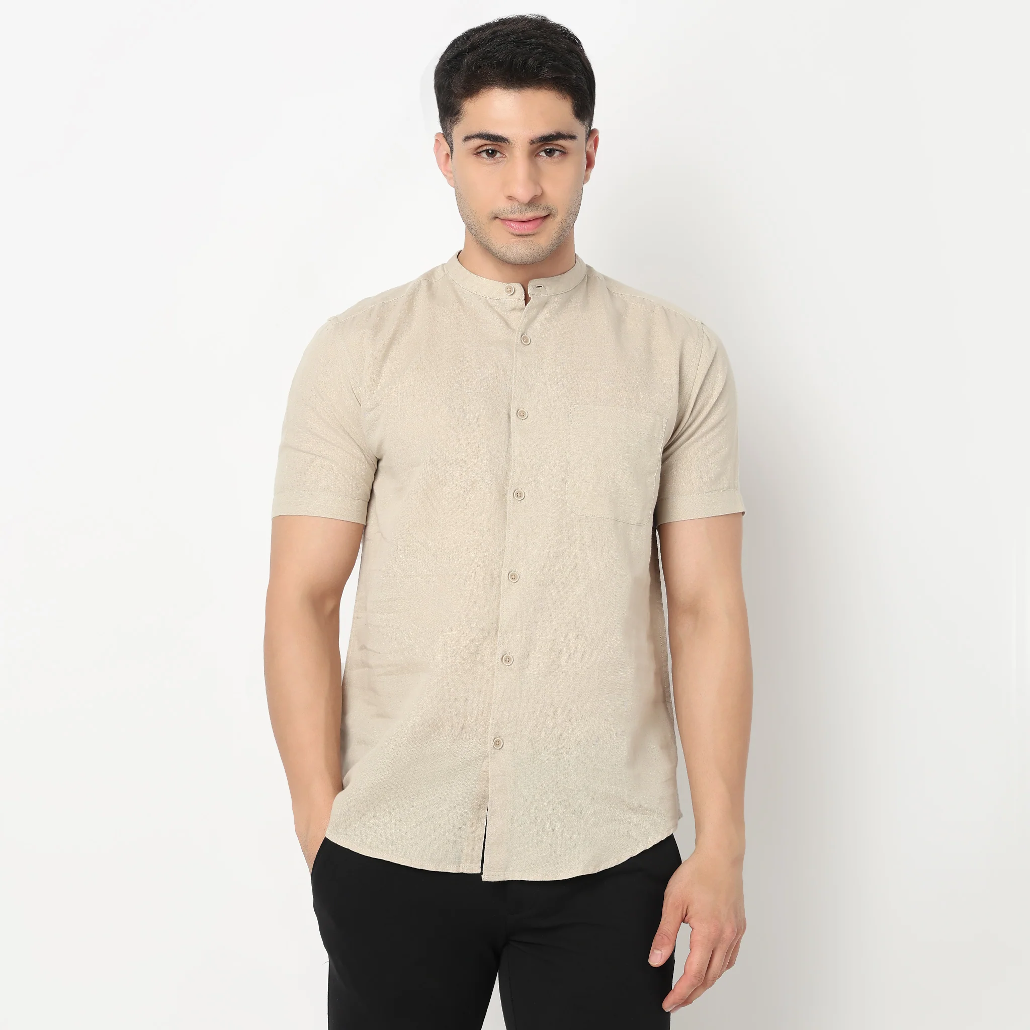 Lininᵉˣ - Linen Enriched Fine Natural Blend Shirt Half Sleeve Band Collar - Image 32