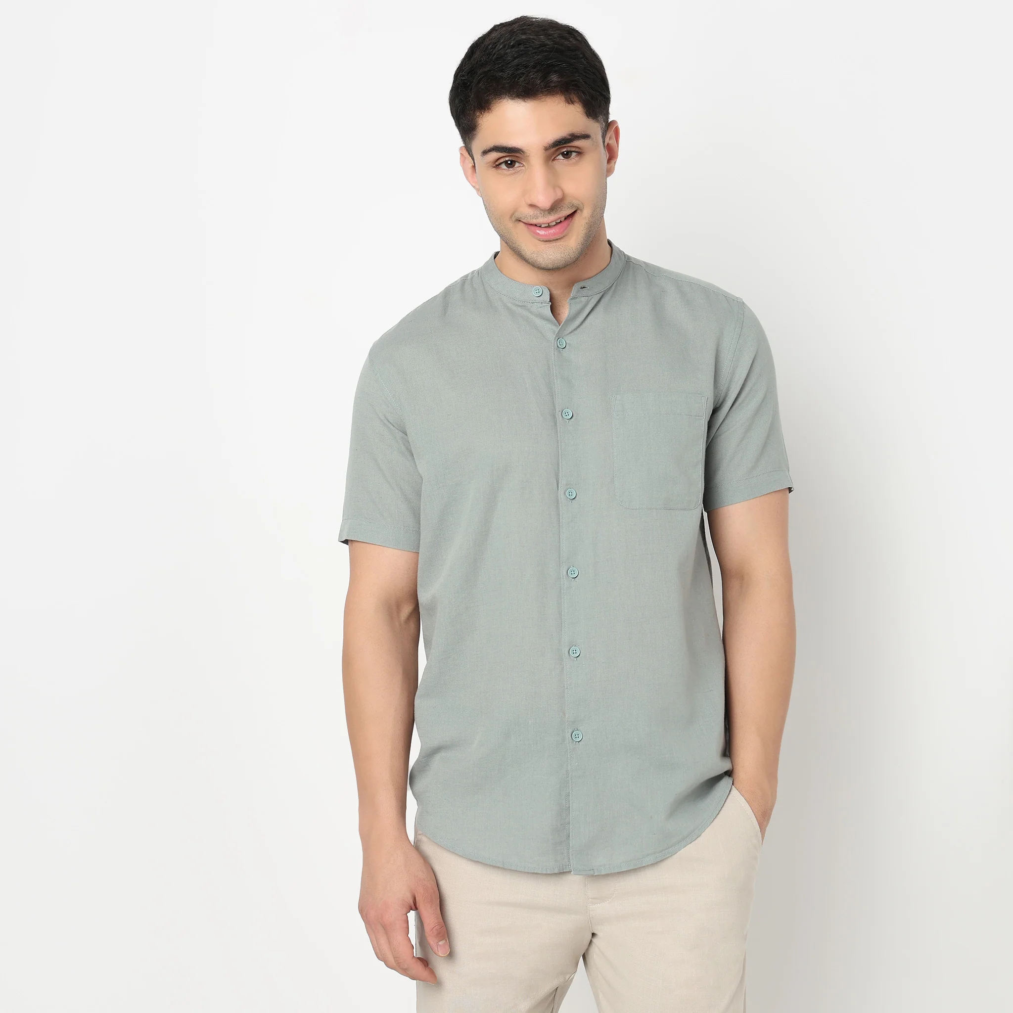 Lininᵉˣ - Linen Enriched Fine Natural Blend Shirt Half Sleeve Band Collar - Image 37