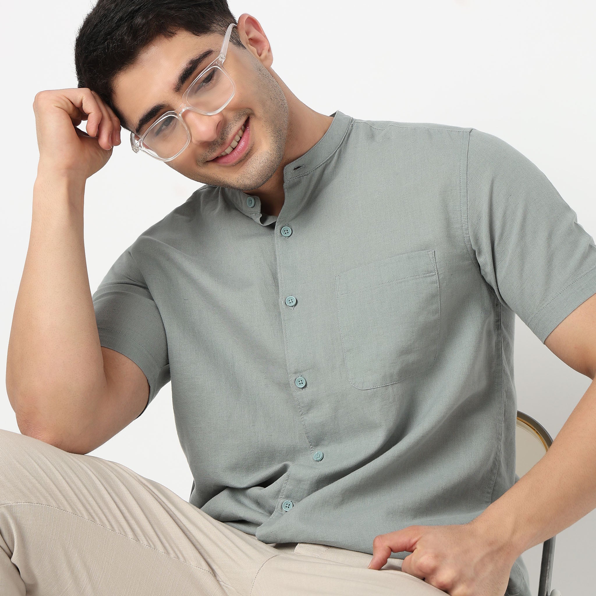 Lininᵉˣ - Linen Enriched Fine Natural Blend Shirt Half Sleeve Band Collar - Image 39