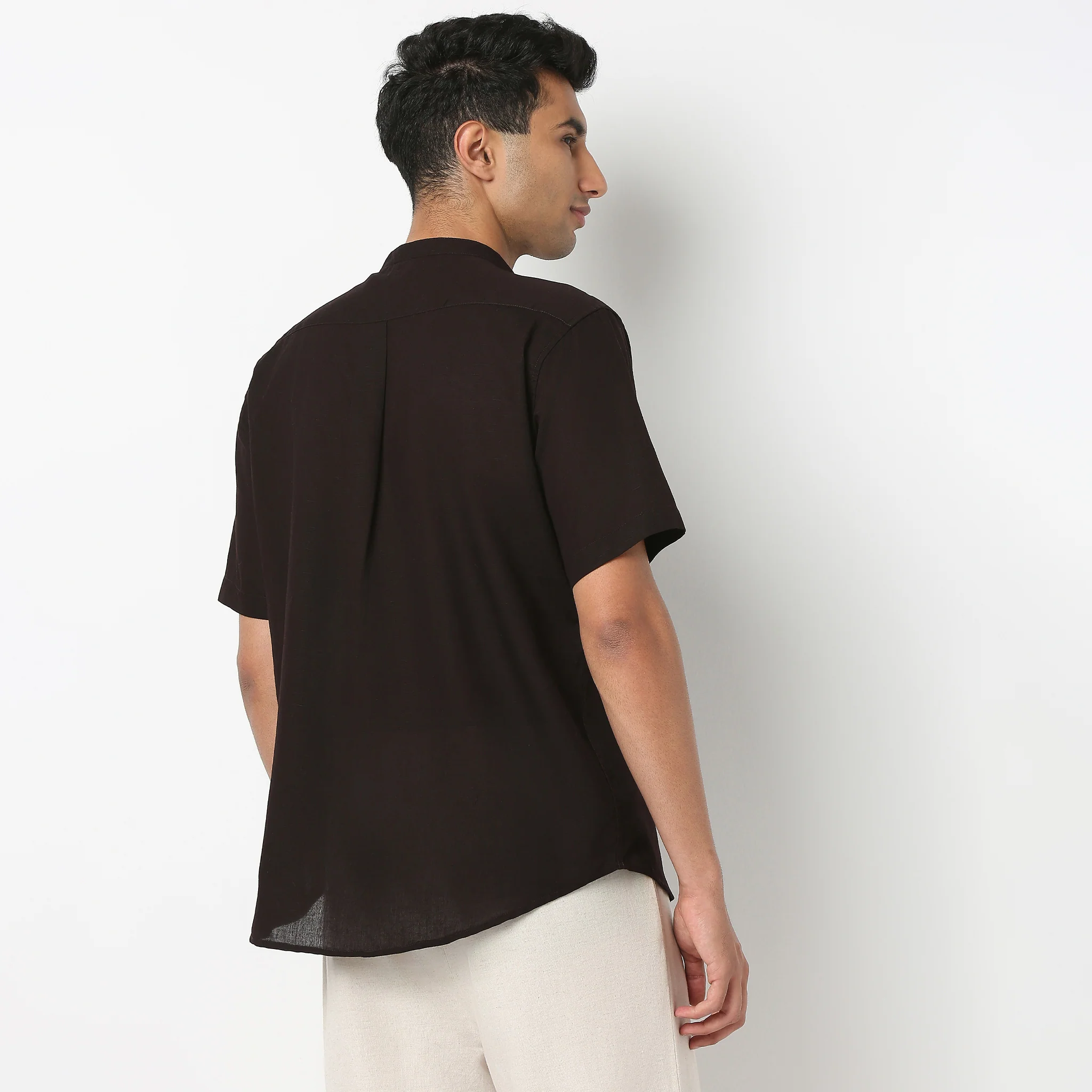 Lininᵉˣ - Linen Enriched Fine Natural Blend Shirt Half Sleeve Band Collar - Image 4