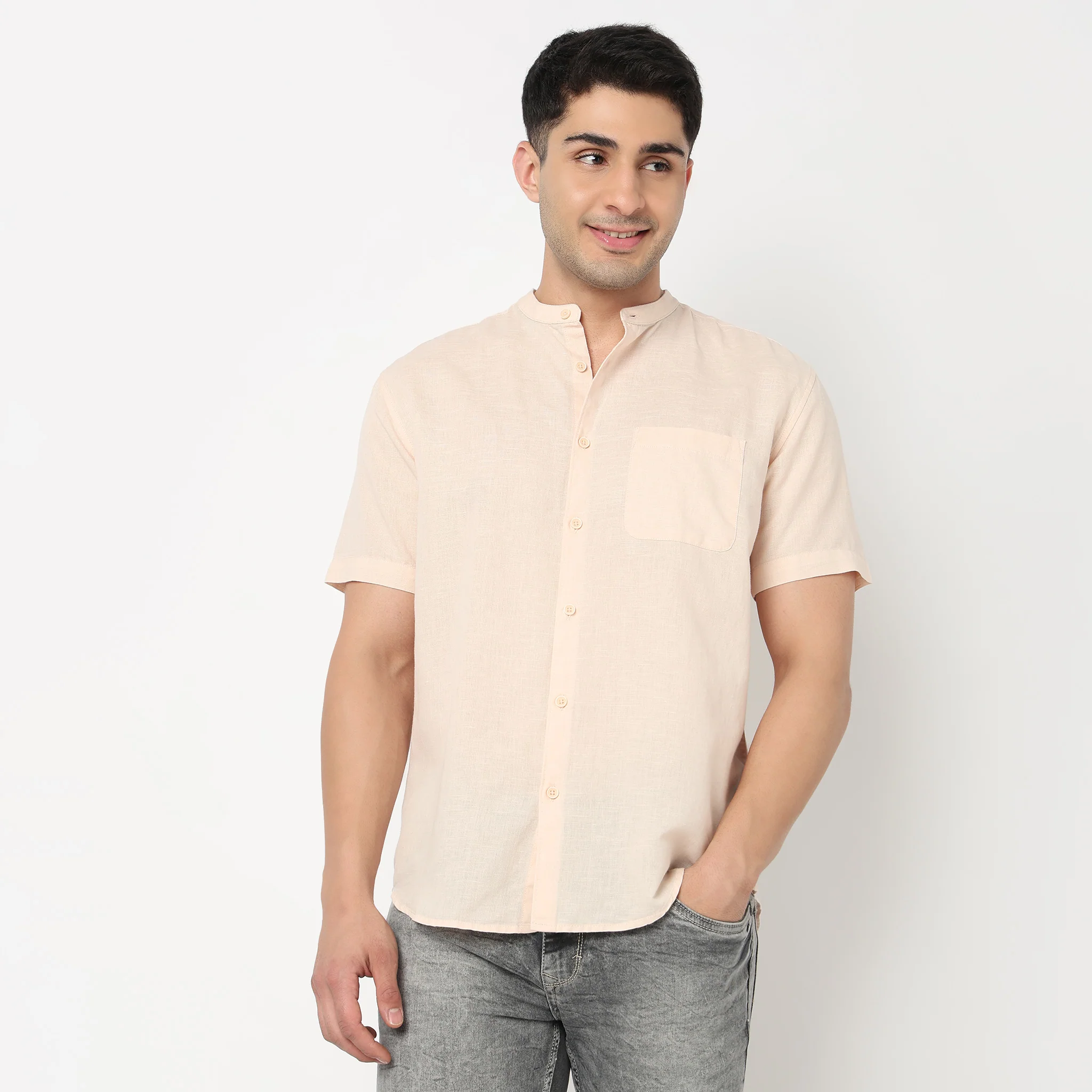 Lininᵉˣ - Linen Enriched Fine Natural Blend Shirt Half Sleeve Band Collar - Image 42