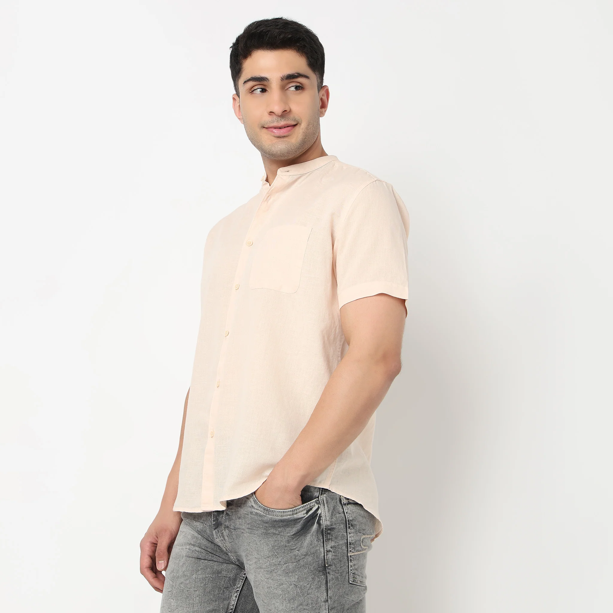 Lininᵉˣ - Linen Enriched Fine Natural Blend Shirt Half Sleeve Band Collar - Image 45