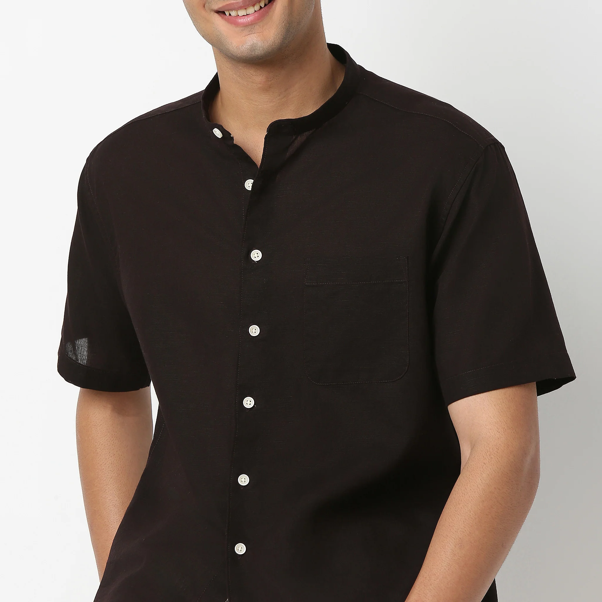 Lininᵉˣ - Linen Enriched Fine Natural Blend Shirt Half Sleeve Band Collar - Image 5