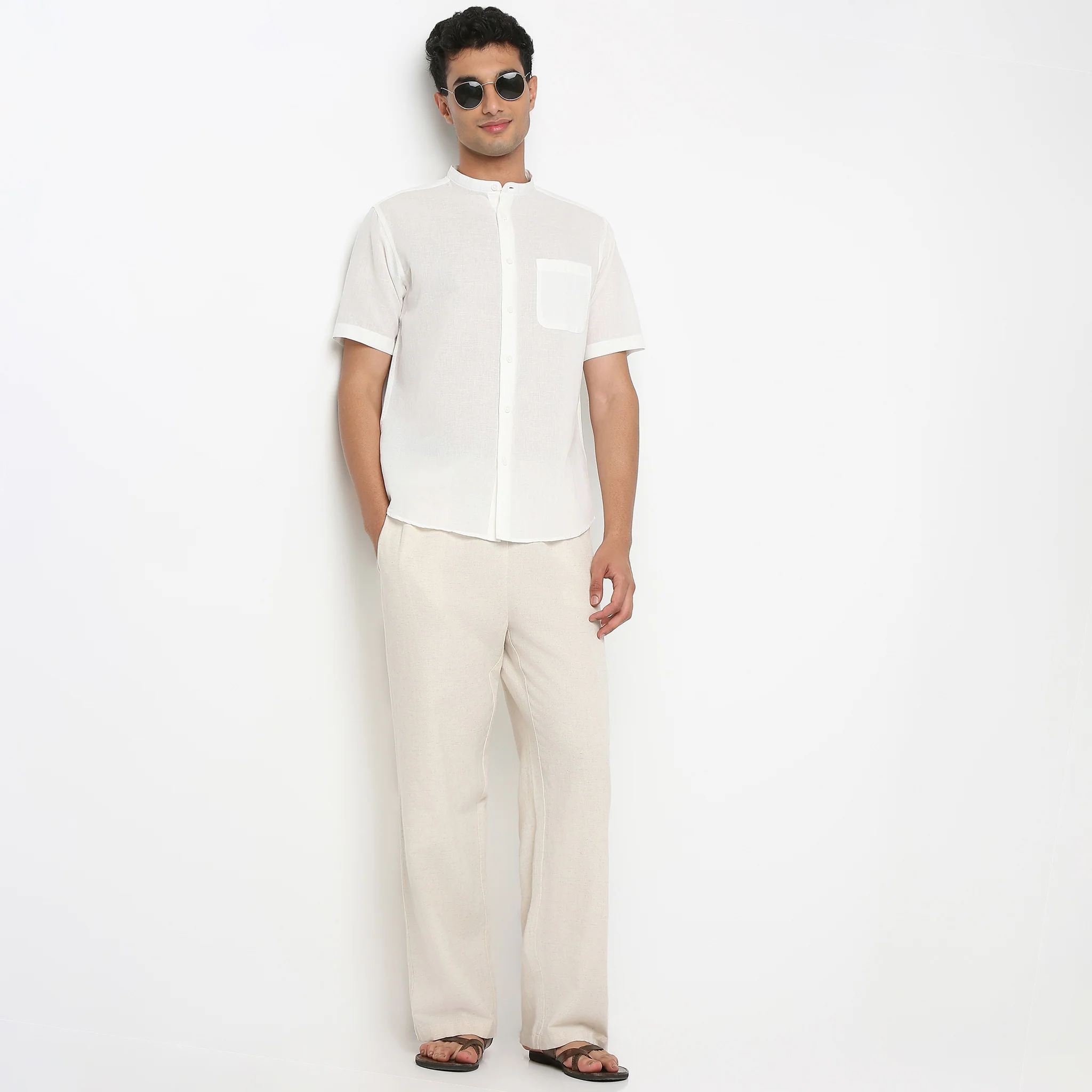 Lininᵉˣ - Linen Enriched Fine Natural Blend Shirt Half Sleeve Band Collar - Image 6