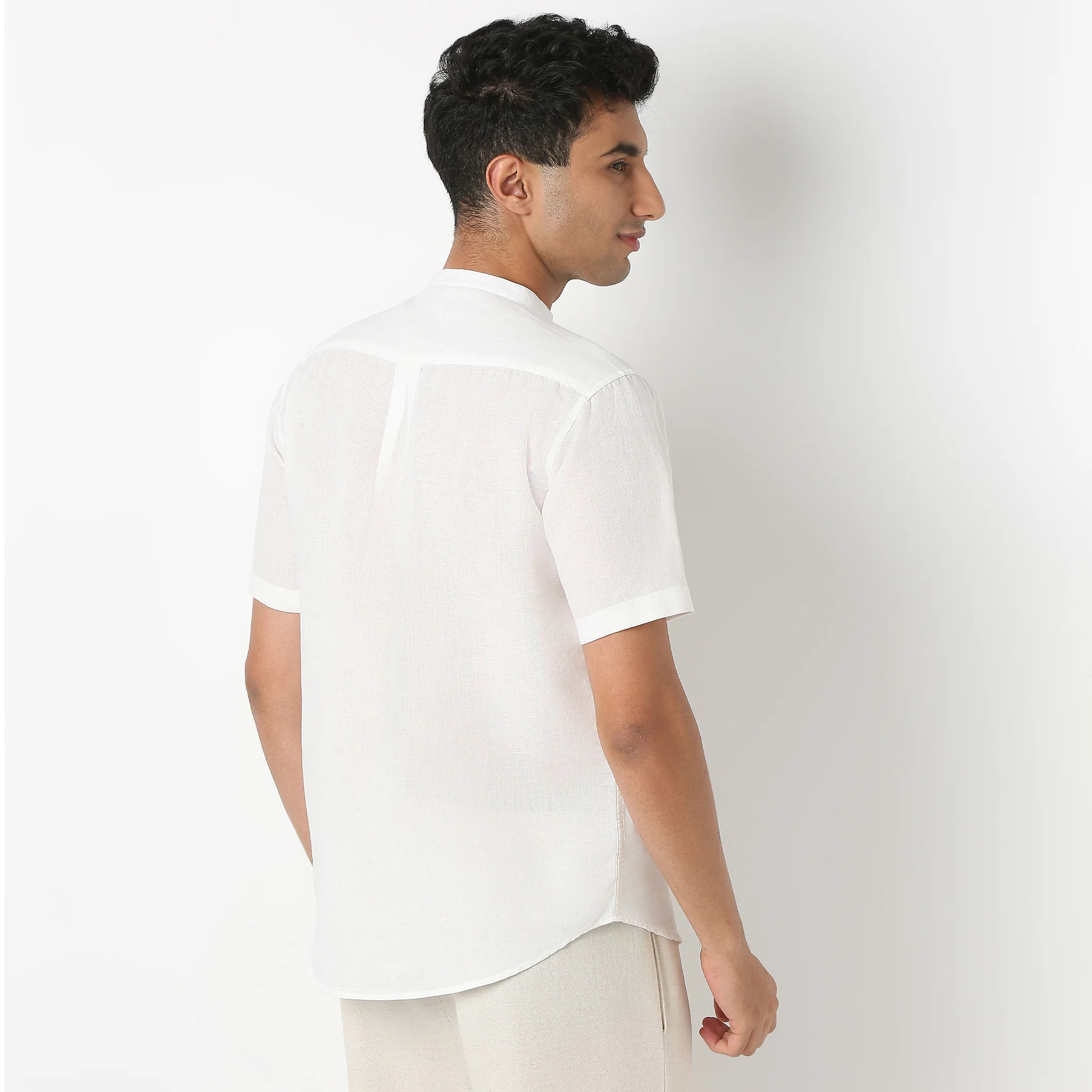Lininᵉˣ - Linen Enriched Fine Natural Blend Shirt Half Sleeve Band Collar - Image 8