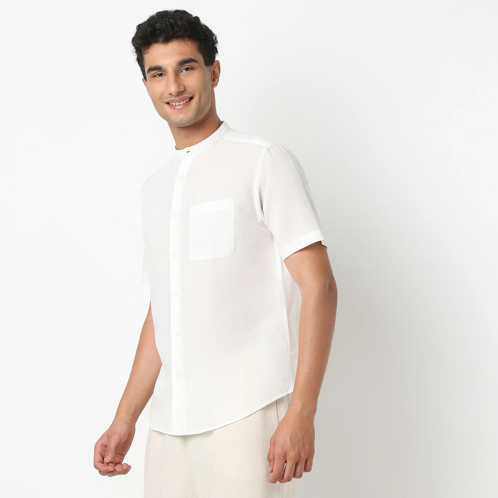 Lininᵉˣ - Linen Enriched Fine Natural Blend Shirt Half Sleeve Band Collar - Image 9