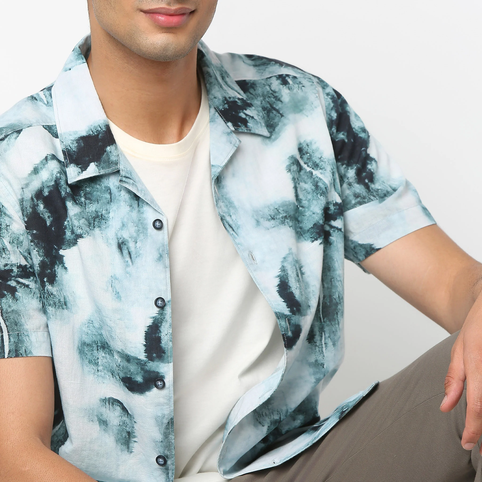 Lininᵉˣ - Linen Enriched Fine Natural Blend Shirts Printed Half Sleeve Camp Collar - Image 5