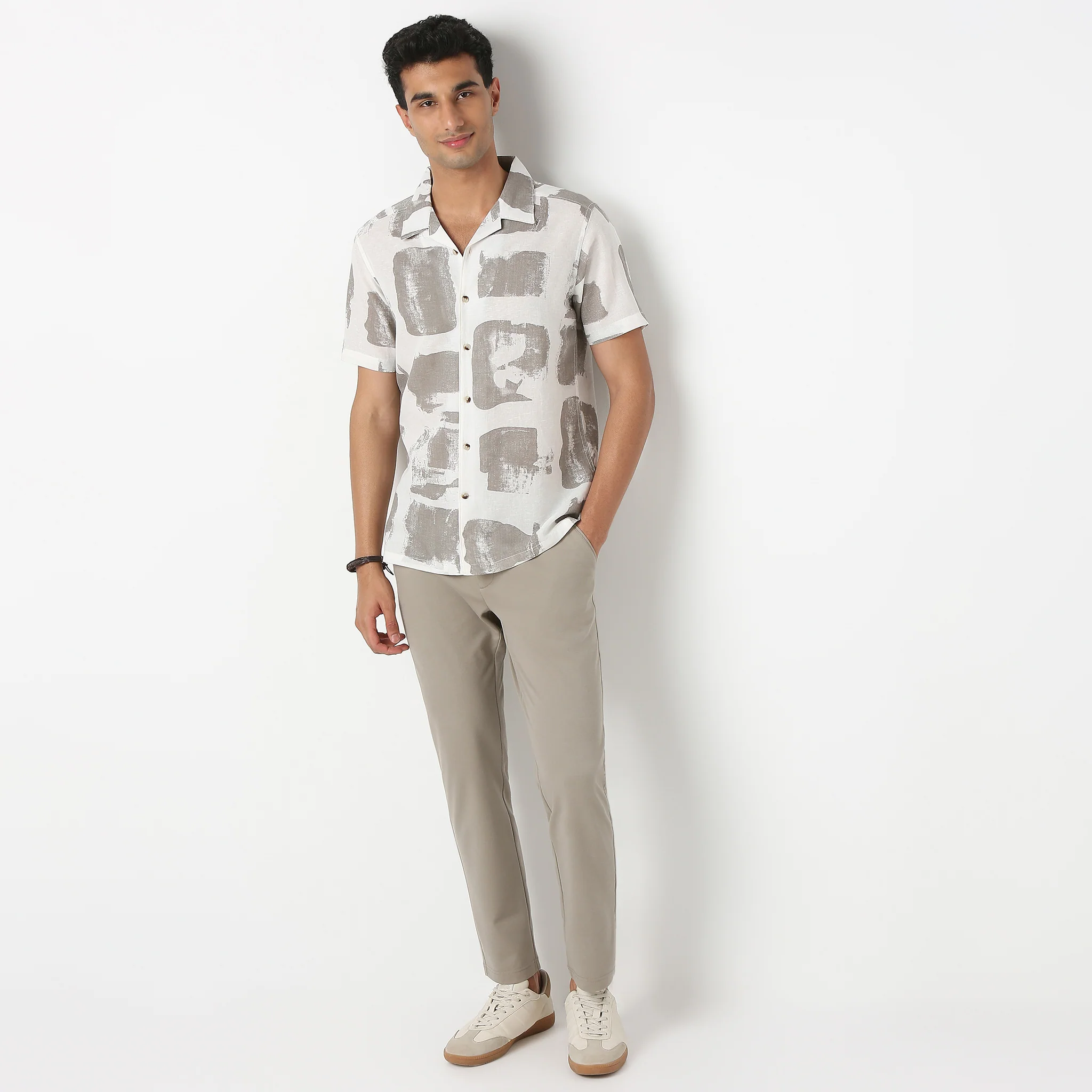 Lininᵉˣ - Linen Enriched Fine Natural Blend Shirts Printed Half Sleeve Camp Collar