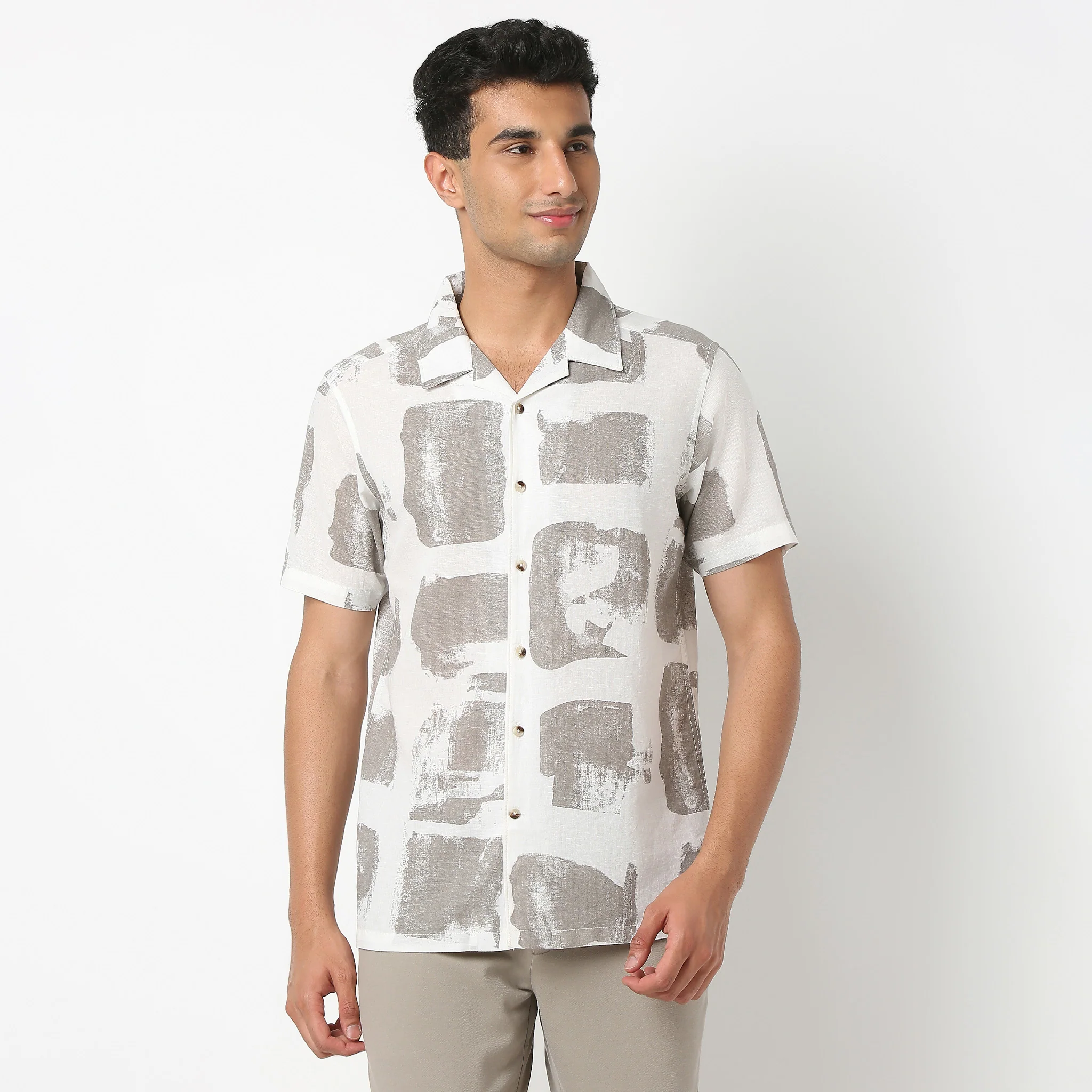 Lininᵉˣ - Linen Enriched Fine Natural Blend Shirts Printed Half Sleeve Camp Collar - Image 2