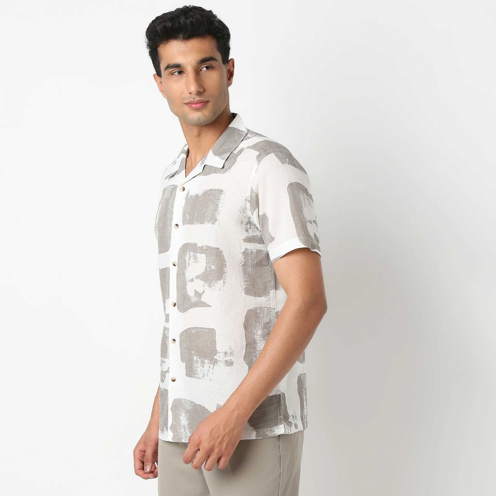 Lininᵉˣ - Linen Enriched Fine Natural Blend Shirts Printed Half Sleeve Camp Collar - Image 4