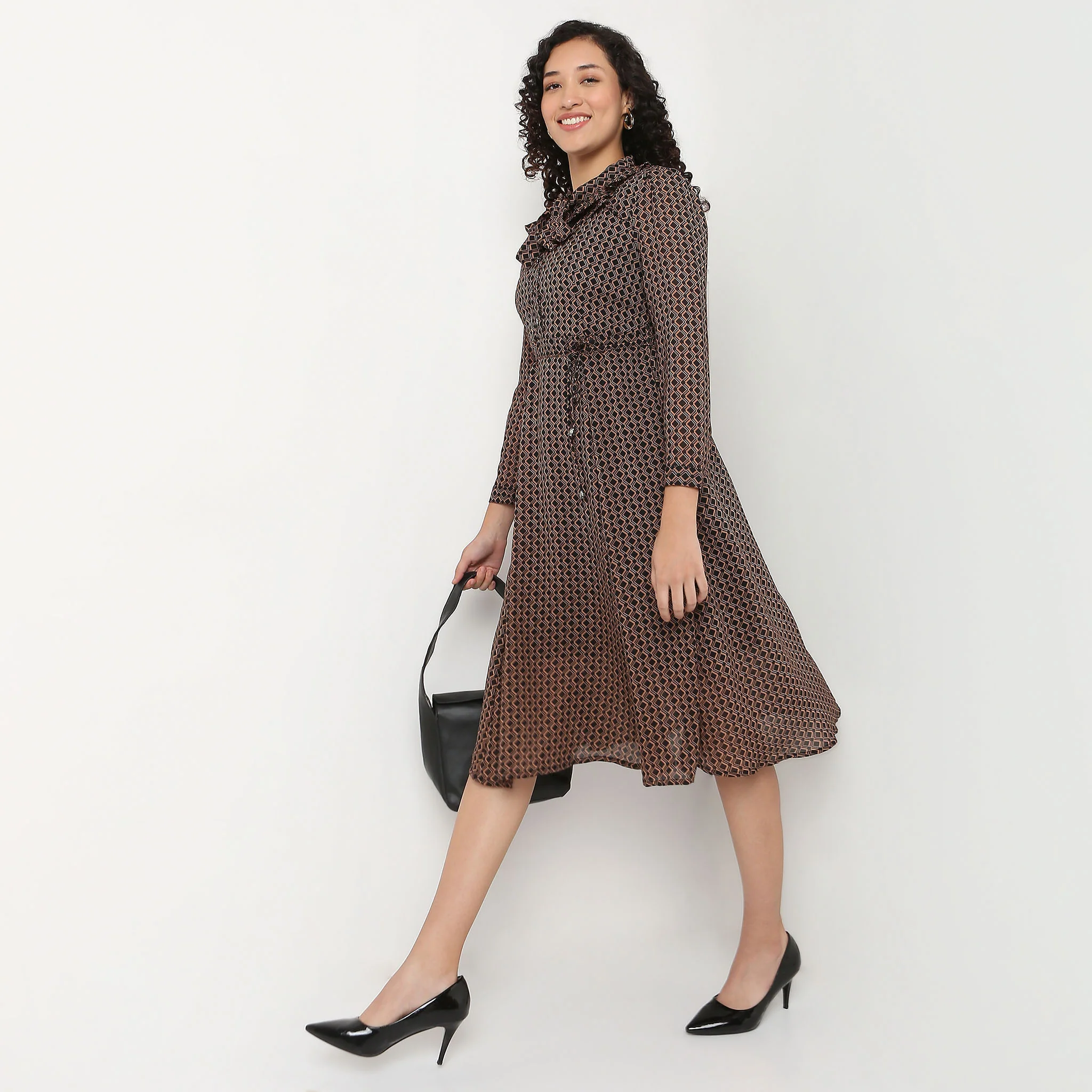 Printed High Neck Dress With self-tie bow detail