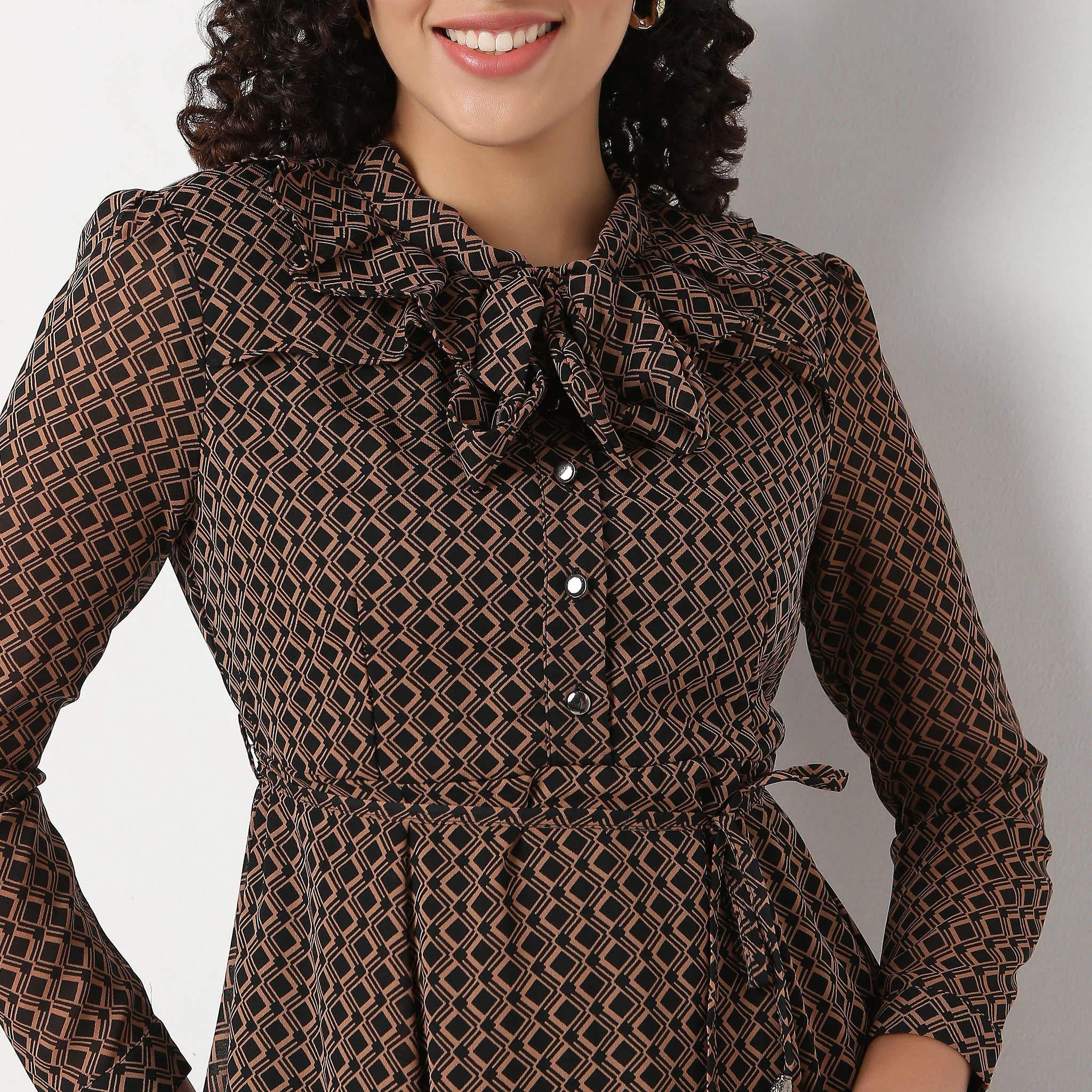 Printed High Neck Dress With self-tie bow detail - Image 4