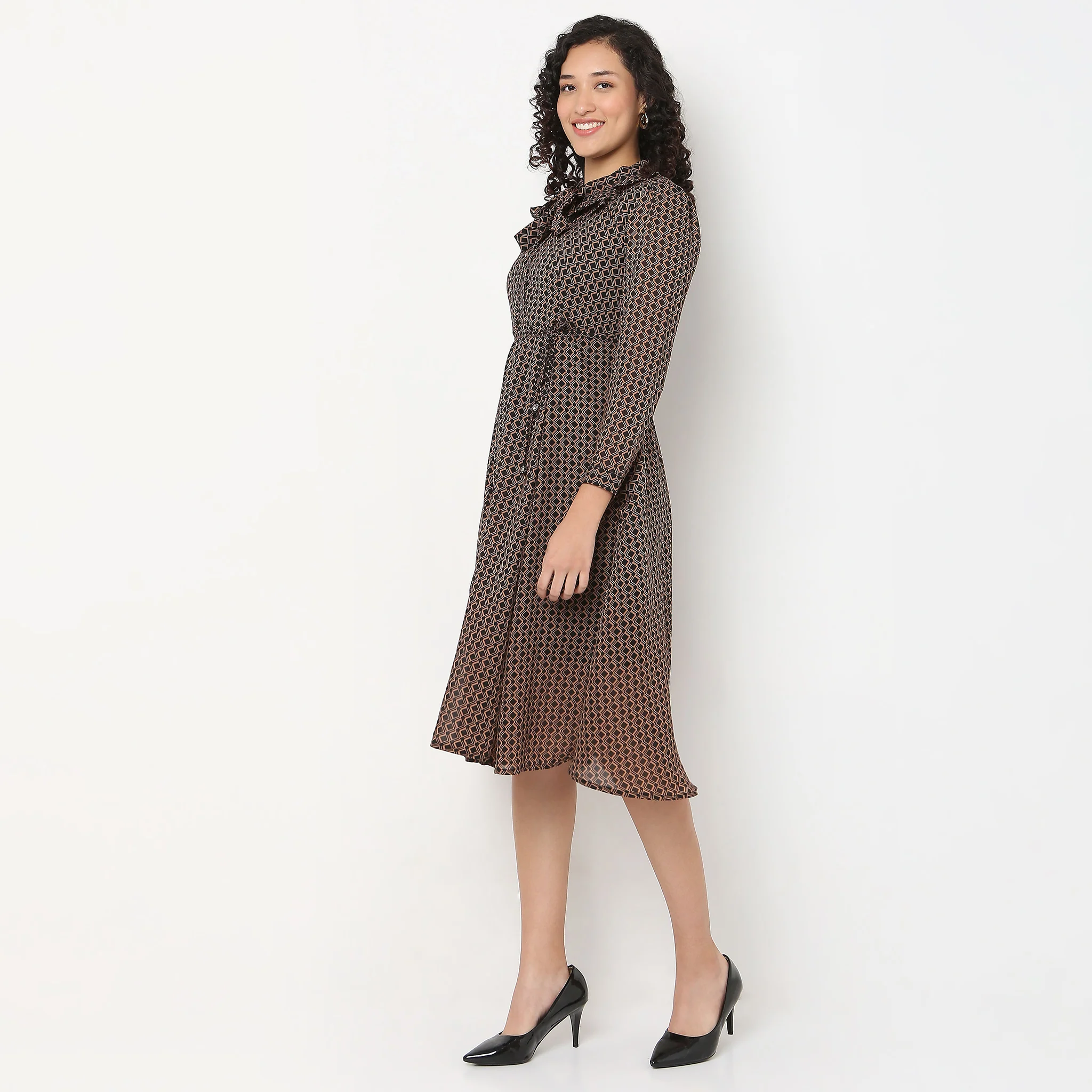 Printed High Neck Dress With self-tie bow detail - Image 5