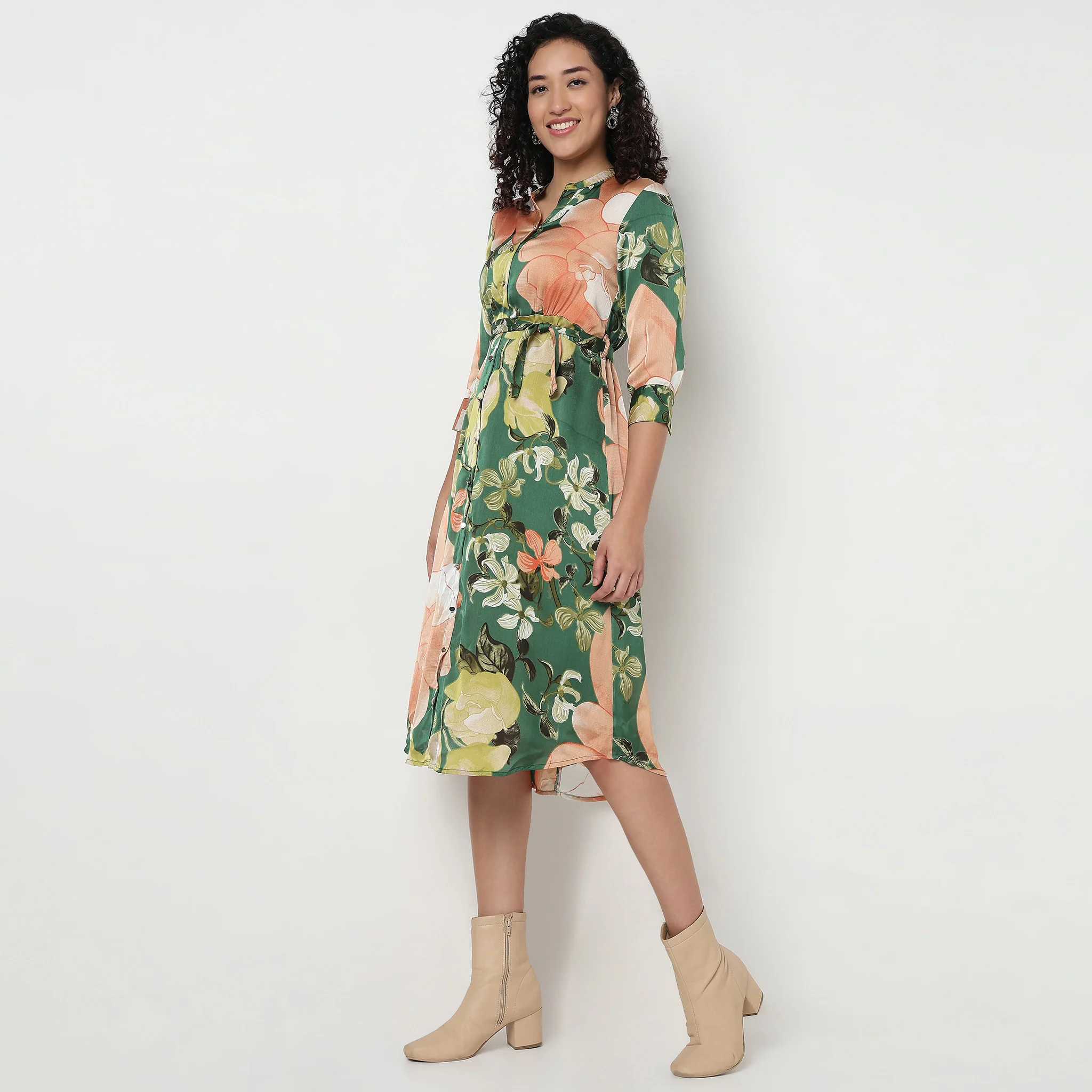 Printed Band Collar Dress - Image 5