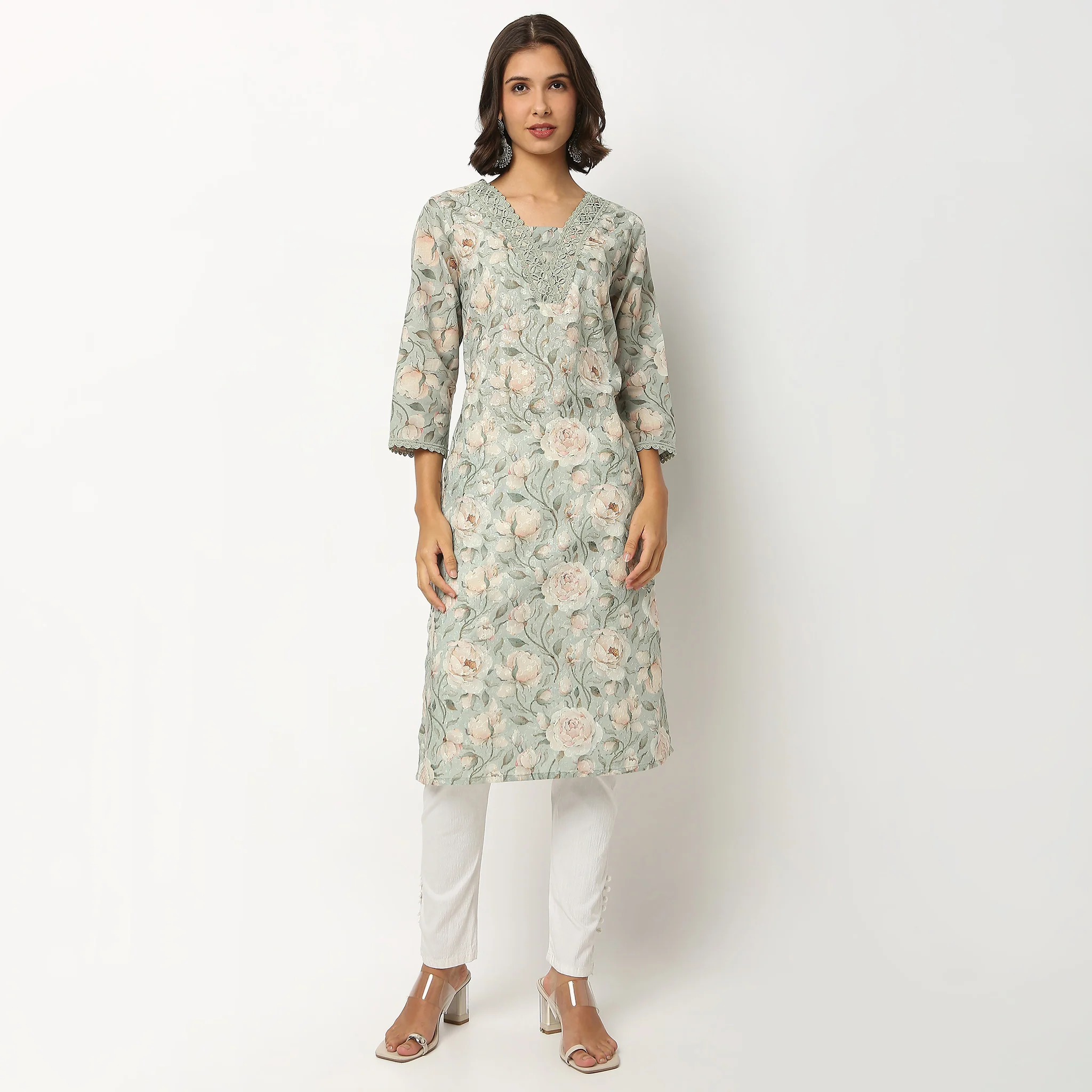 Printed V Neck Flared Kurta - Image 2