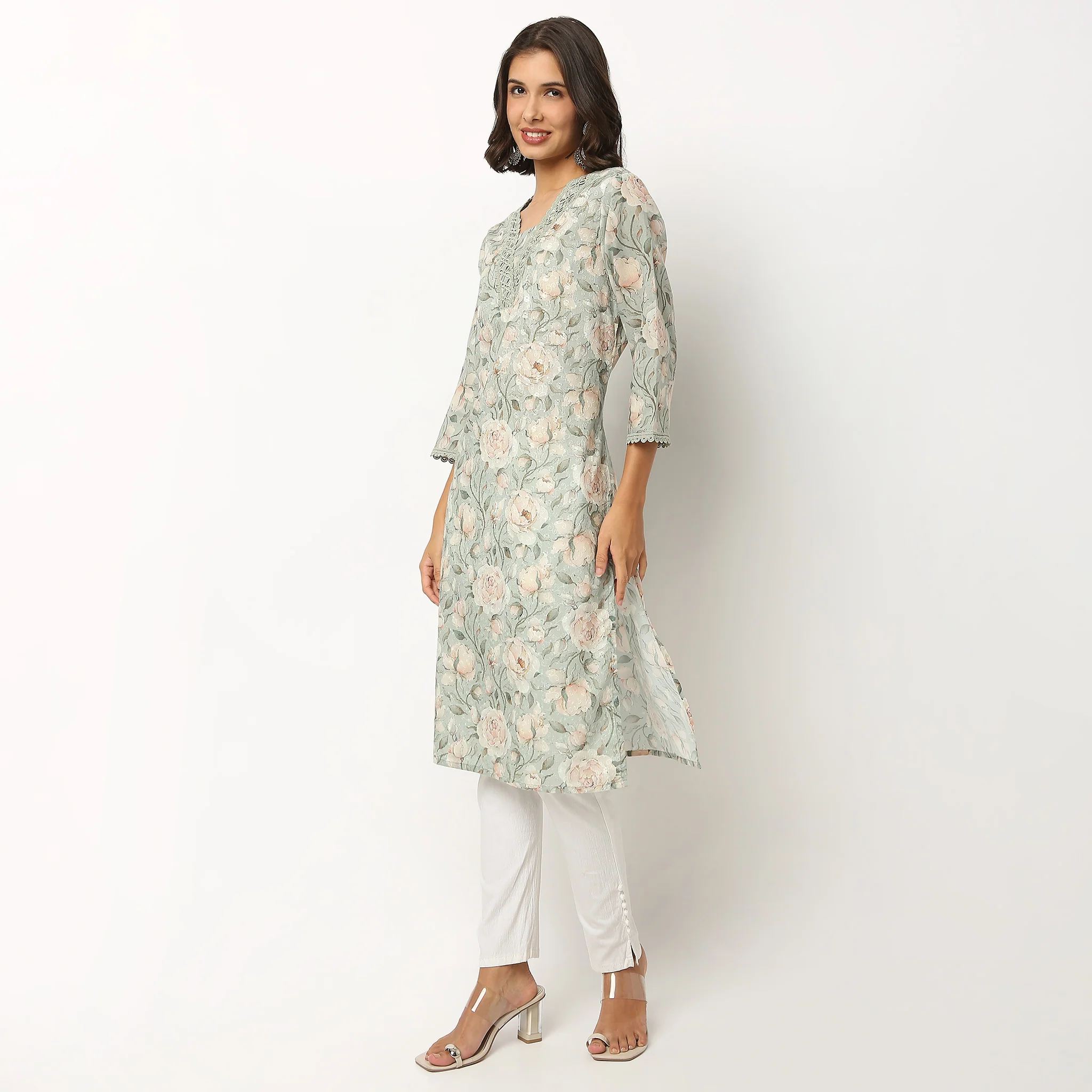 Printed V Neck Flared Kurta - Image 5