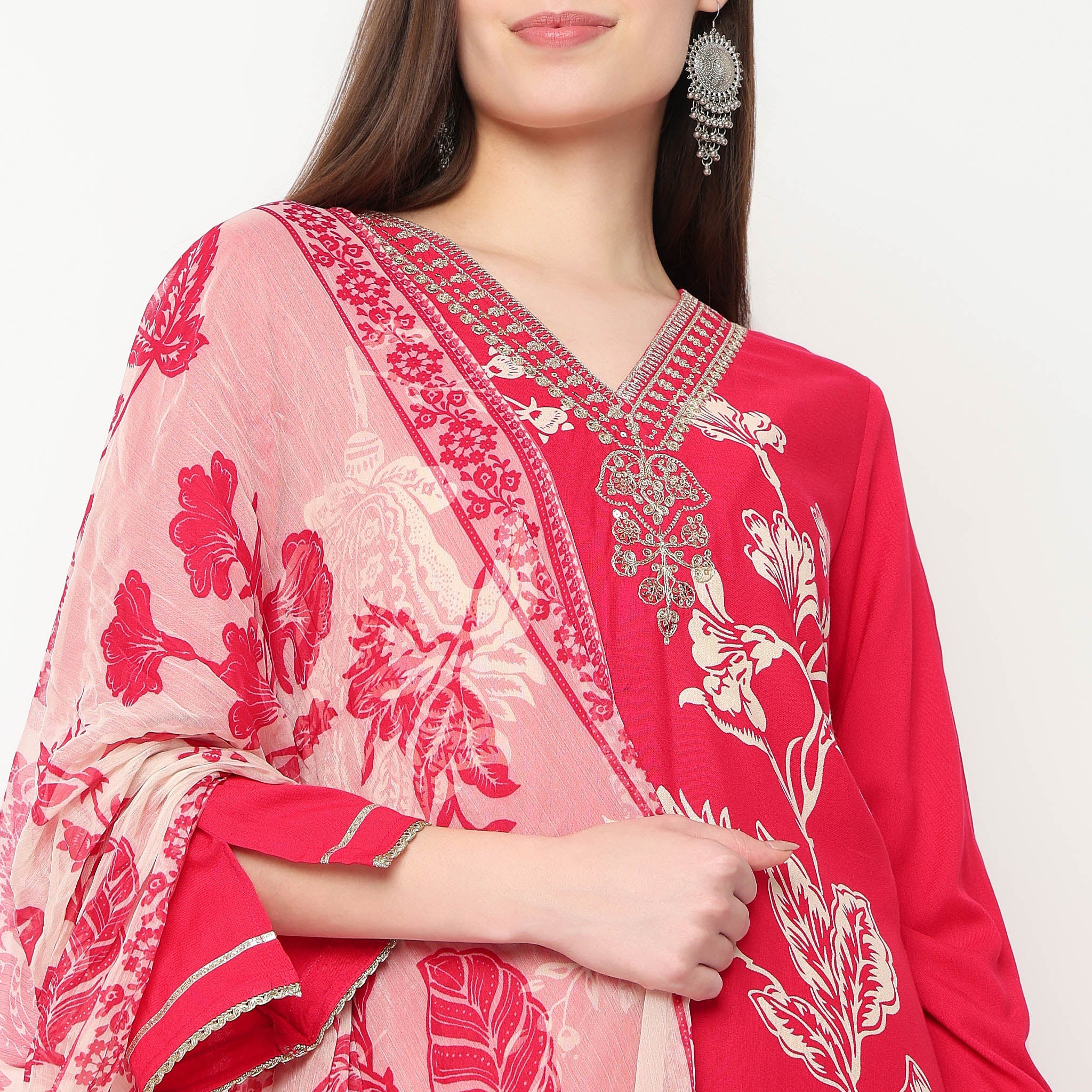 Printed V-Neck Straight Kurta with Pant Set - Image 4