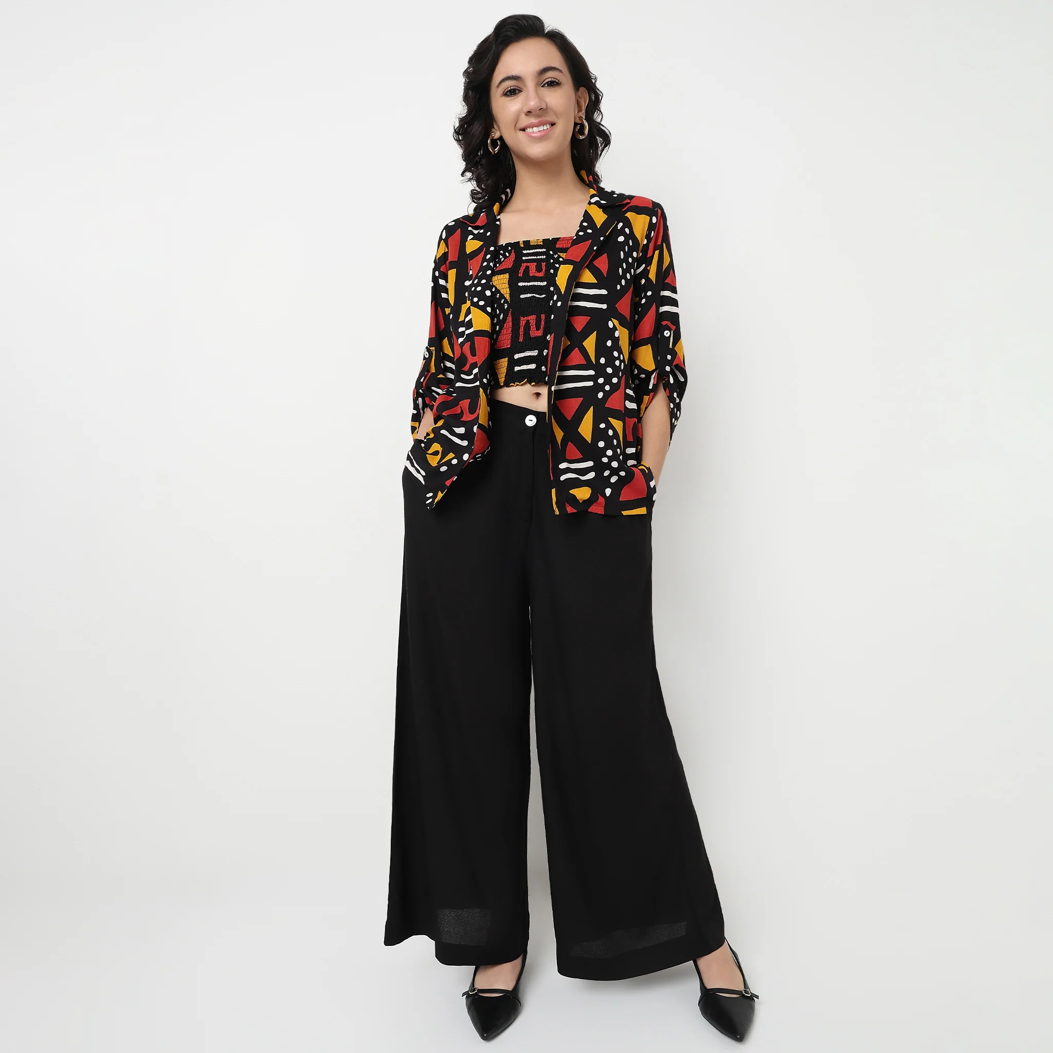 Printed Lapel Collar Smocked Crop Top with Shrug