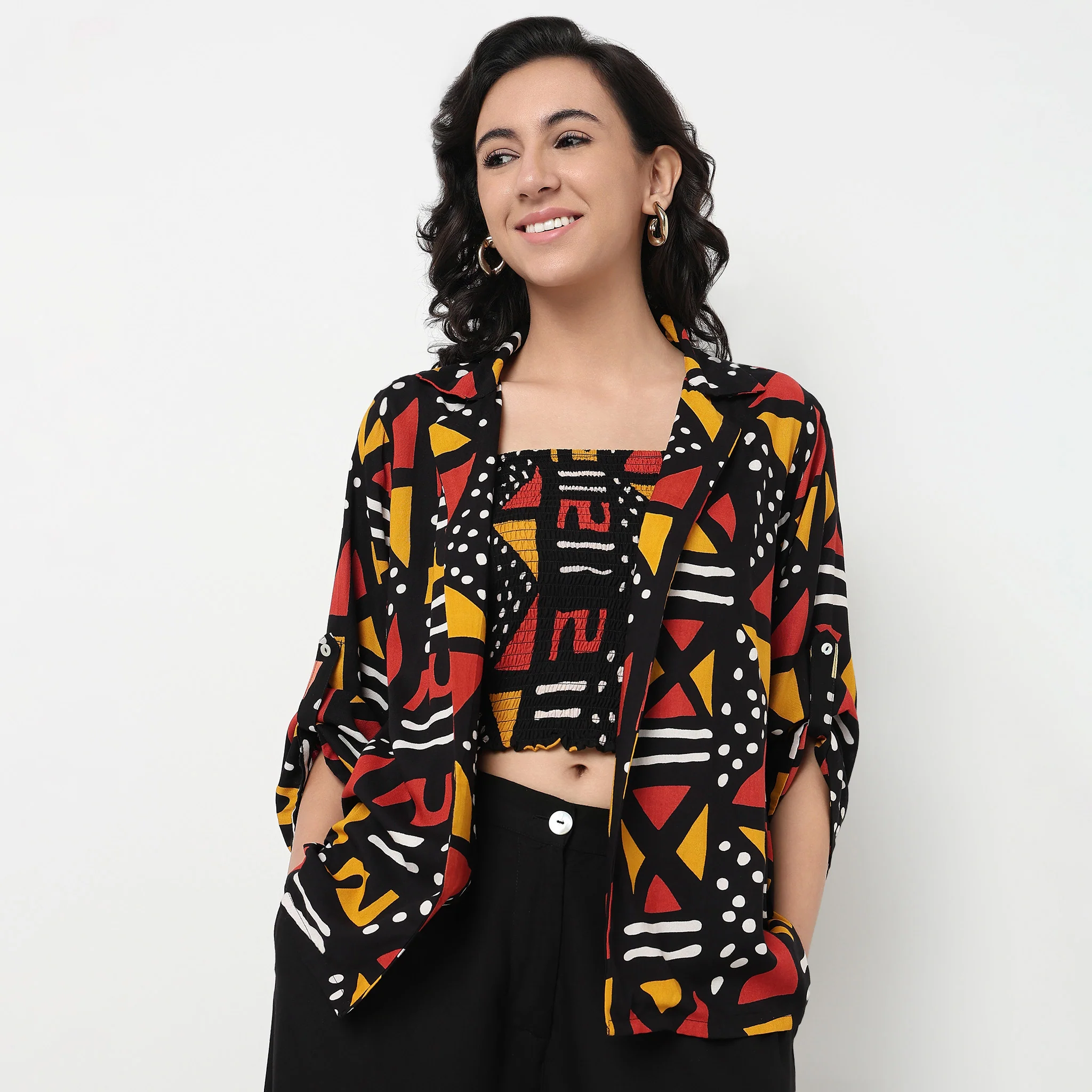 Printed Lapel Collar Smocked Crop Top with Shrug - Image 2