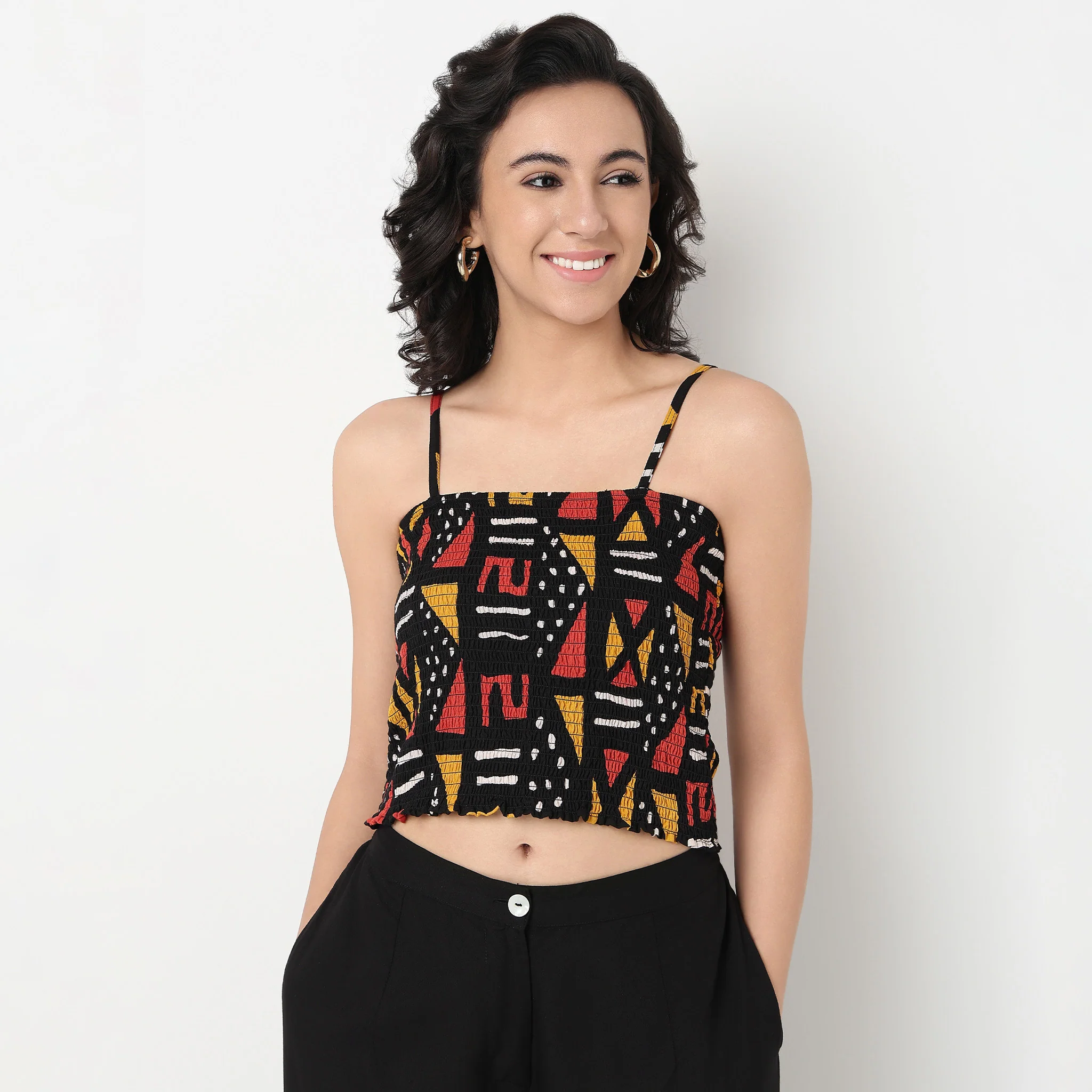 Printed Lapel Collar Smocked Crop Top with Shrug - Image 6