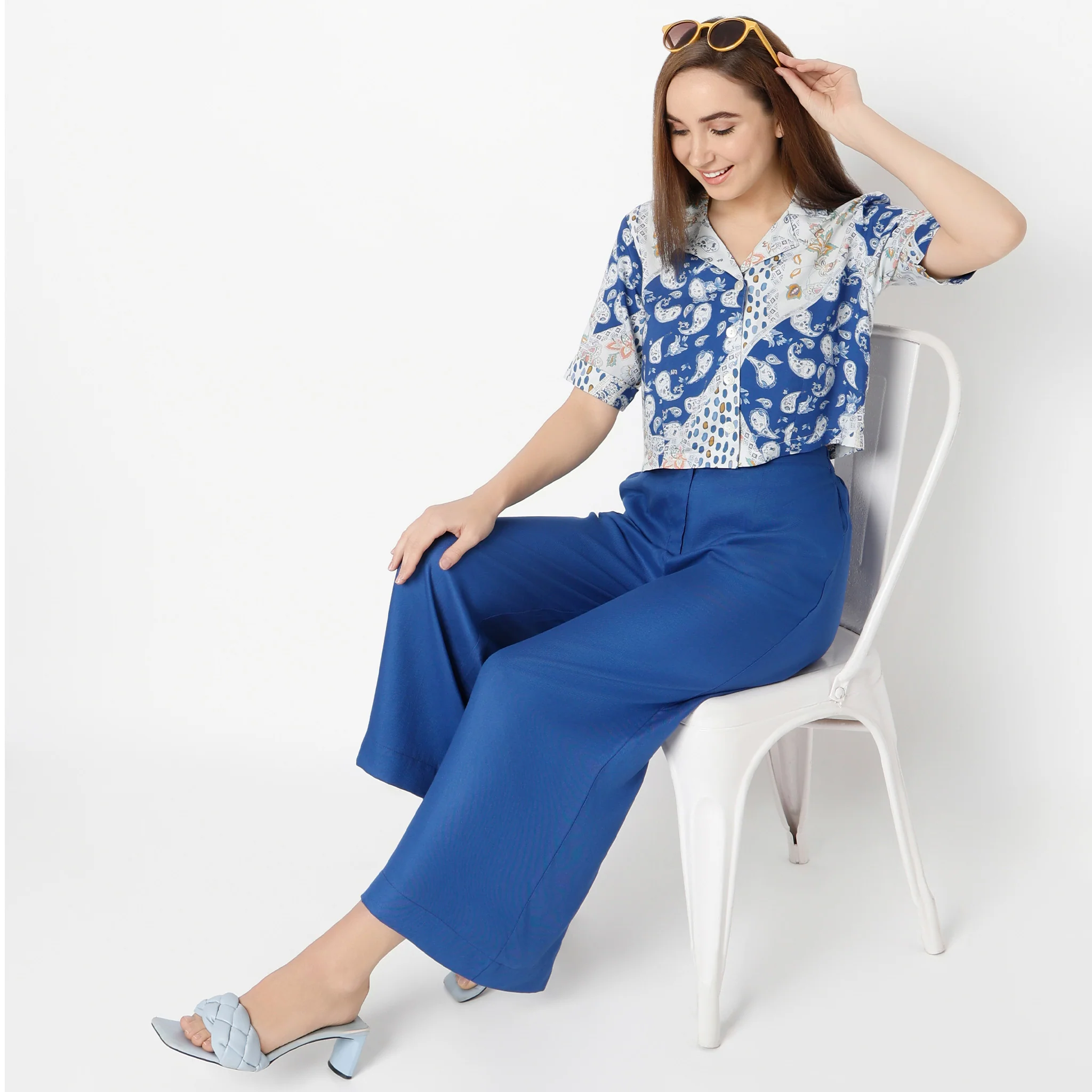 Printed Lapel Collar Straight Short Sleeve Crop Shirt