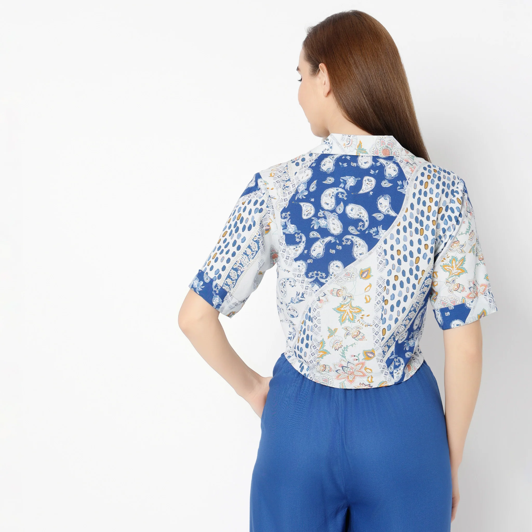 Printed Lapel Collar Straight Short Sleeve Crop Shirt - Image 3