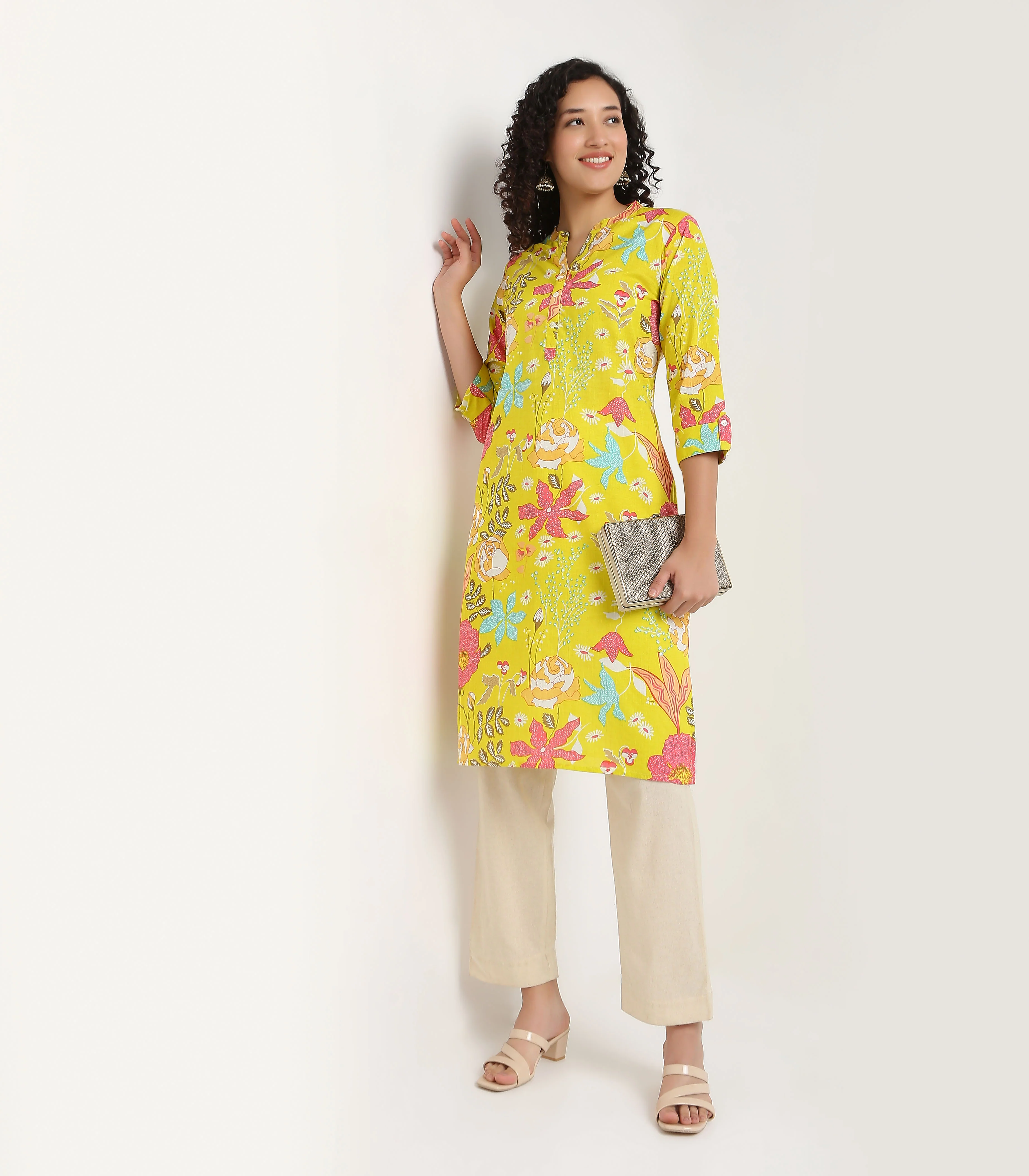 Printed V Neck Long Kurta with Lace