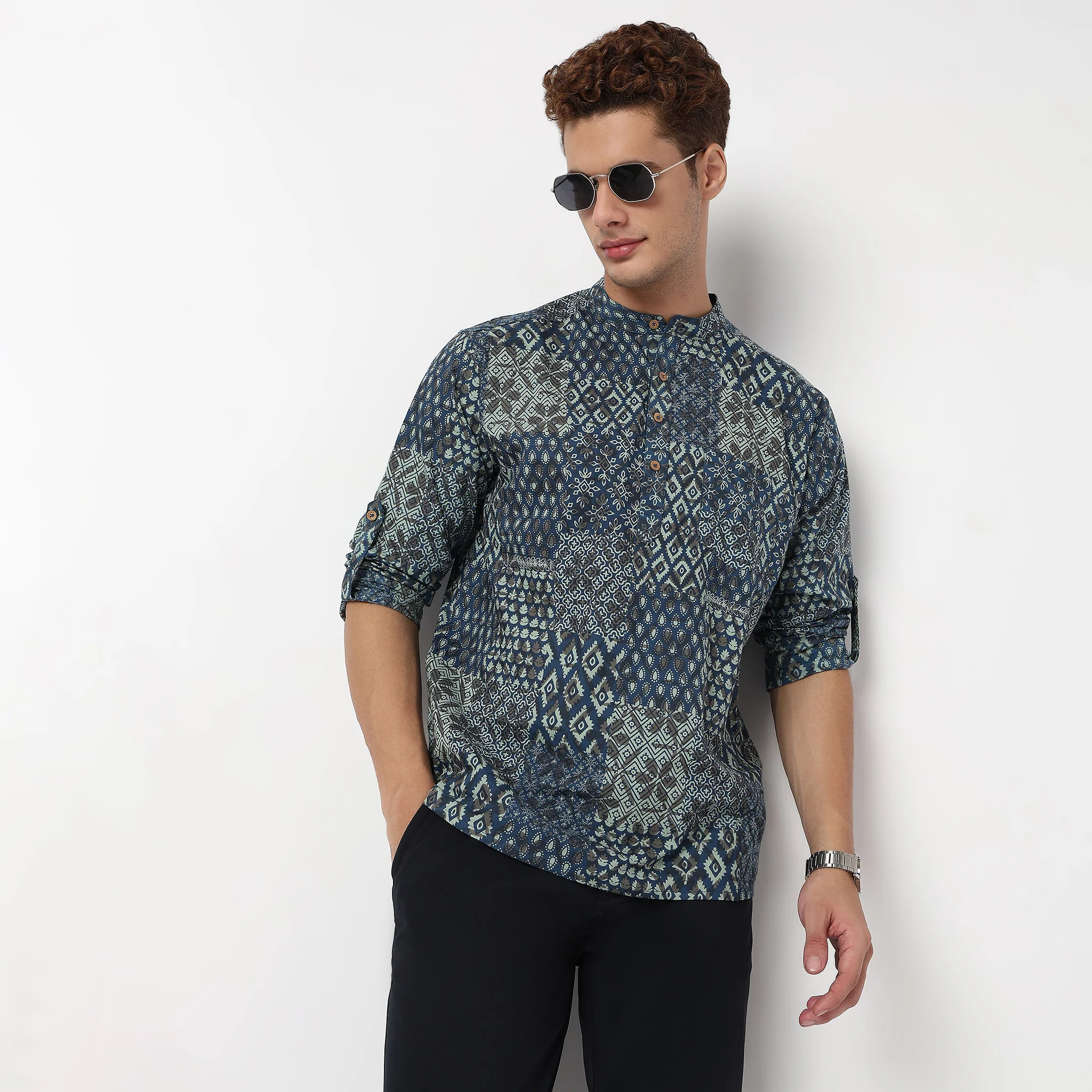 Printed Cotton Mandarin Collar Short Kurta