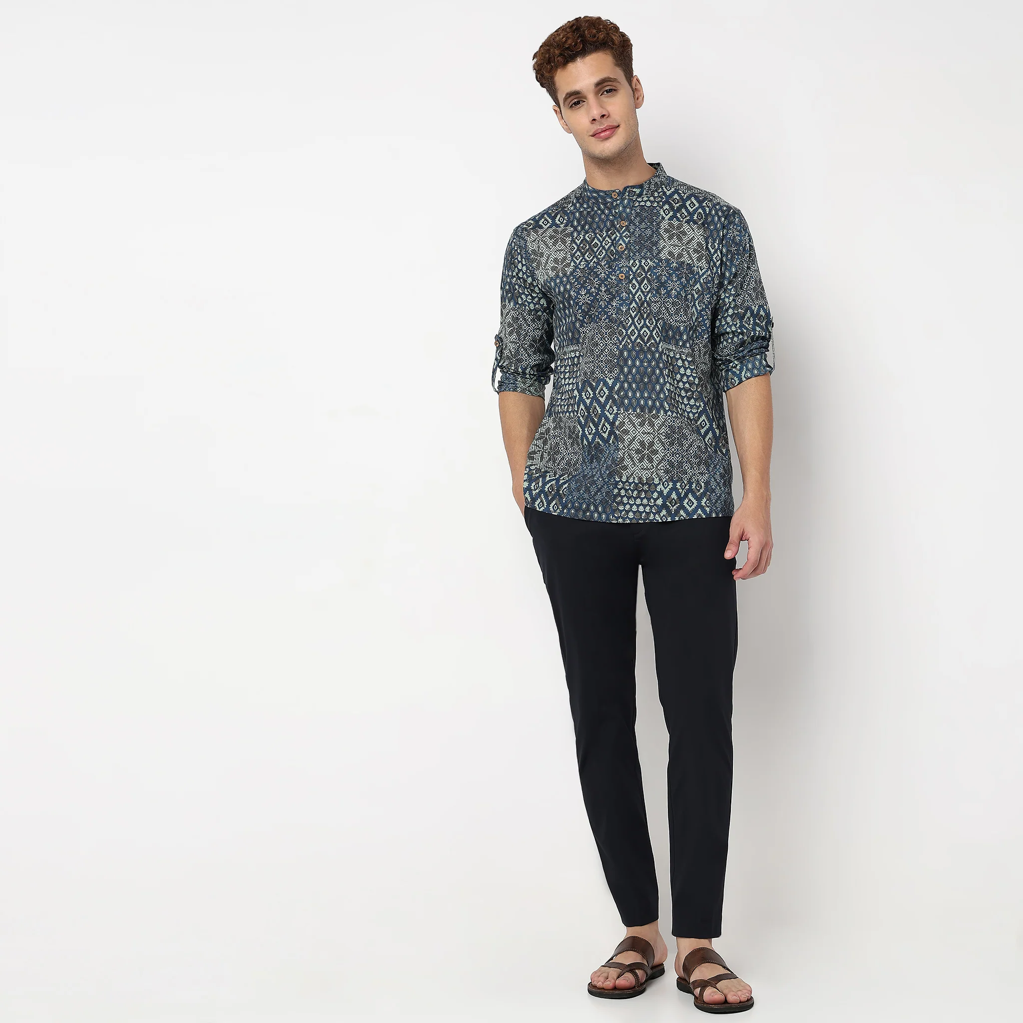 Printed Cotton Mandarin Collar Short Kurta - Image 2
