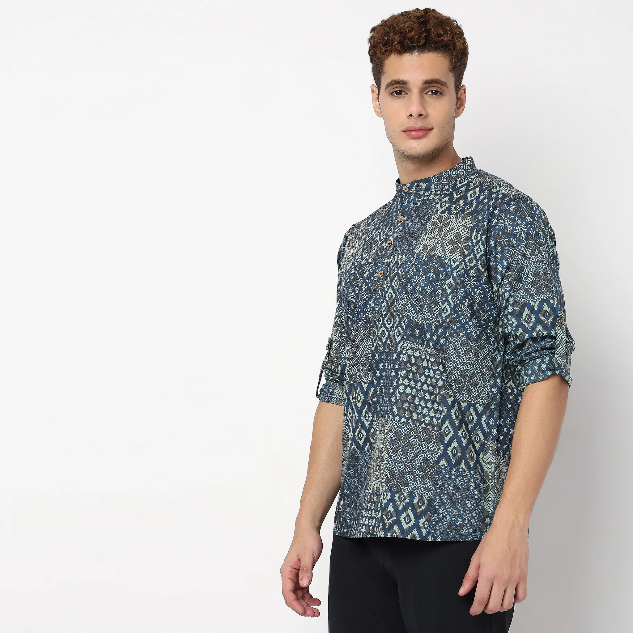 Printed Cotton Mandarin Collar Short Kurta - Image 5