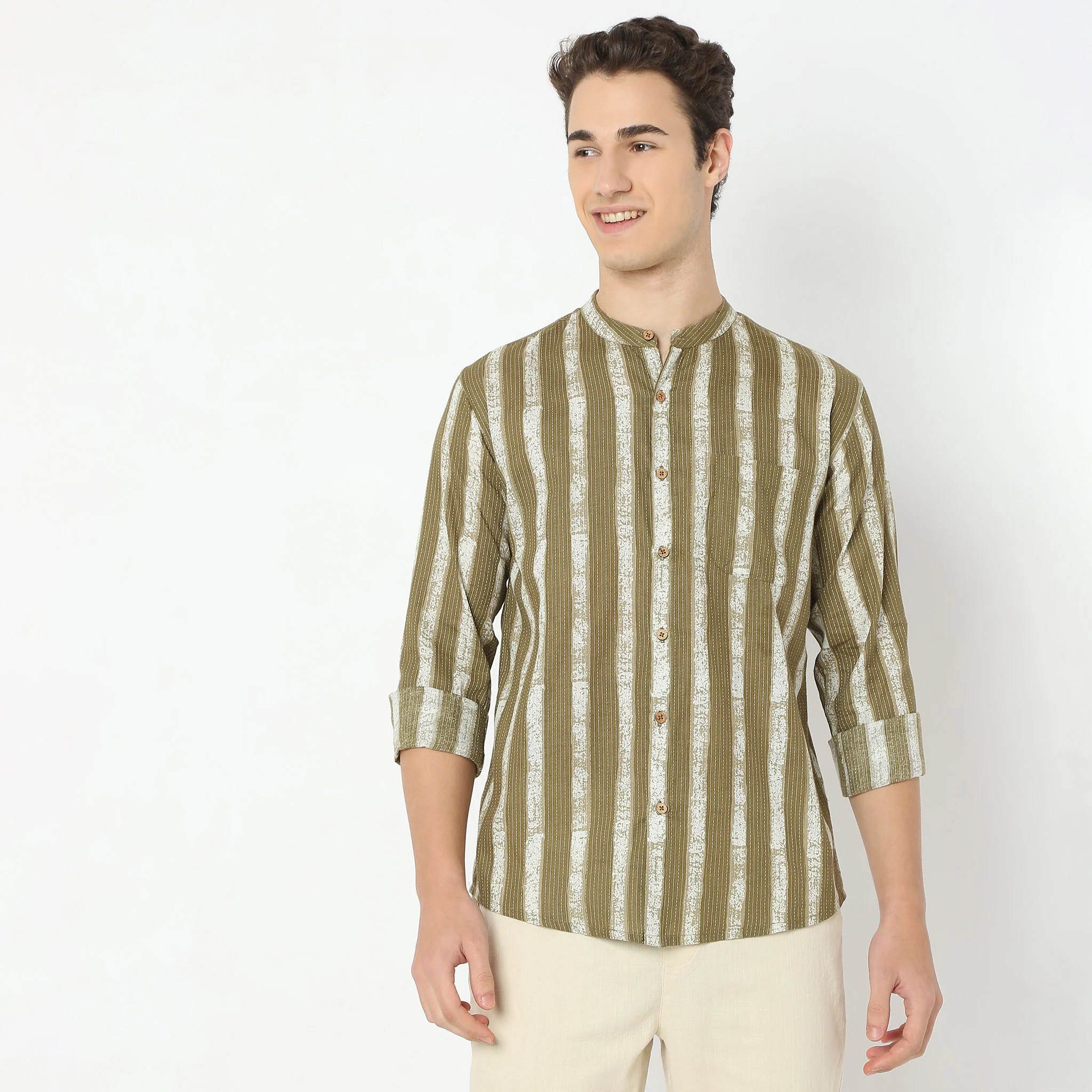 Printed Mandarin Collar Straight Structured Fabric Striped Shirt - Image 2
