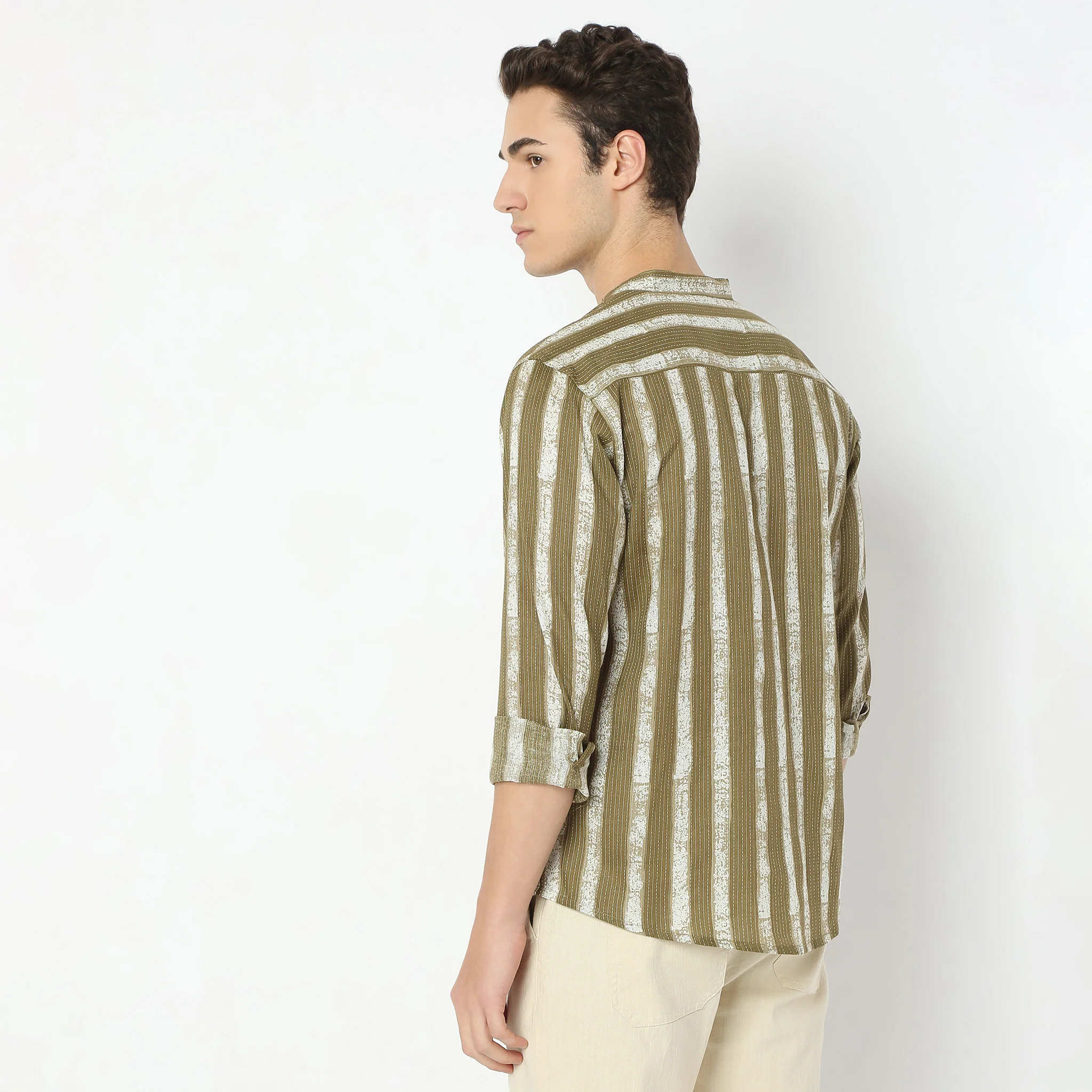 Printed Mandarin Collar Straight Structured Fabric Striped Shirt - Image 3