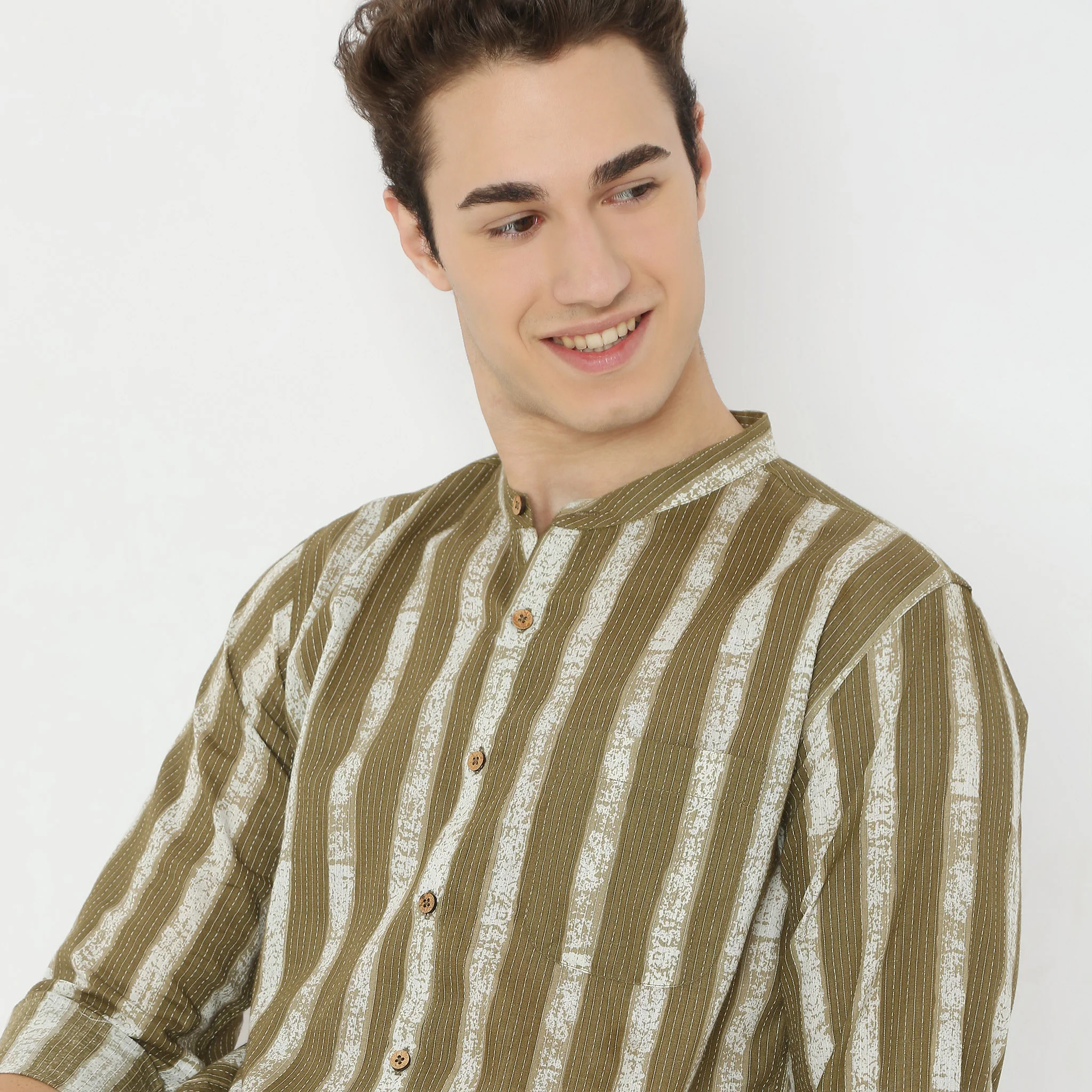 Printed Mandarin Collar Straight Structured Fabric Striped Shirt - Image 5
